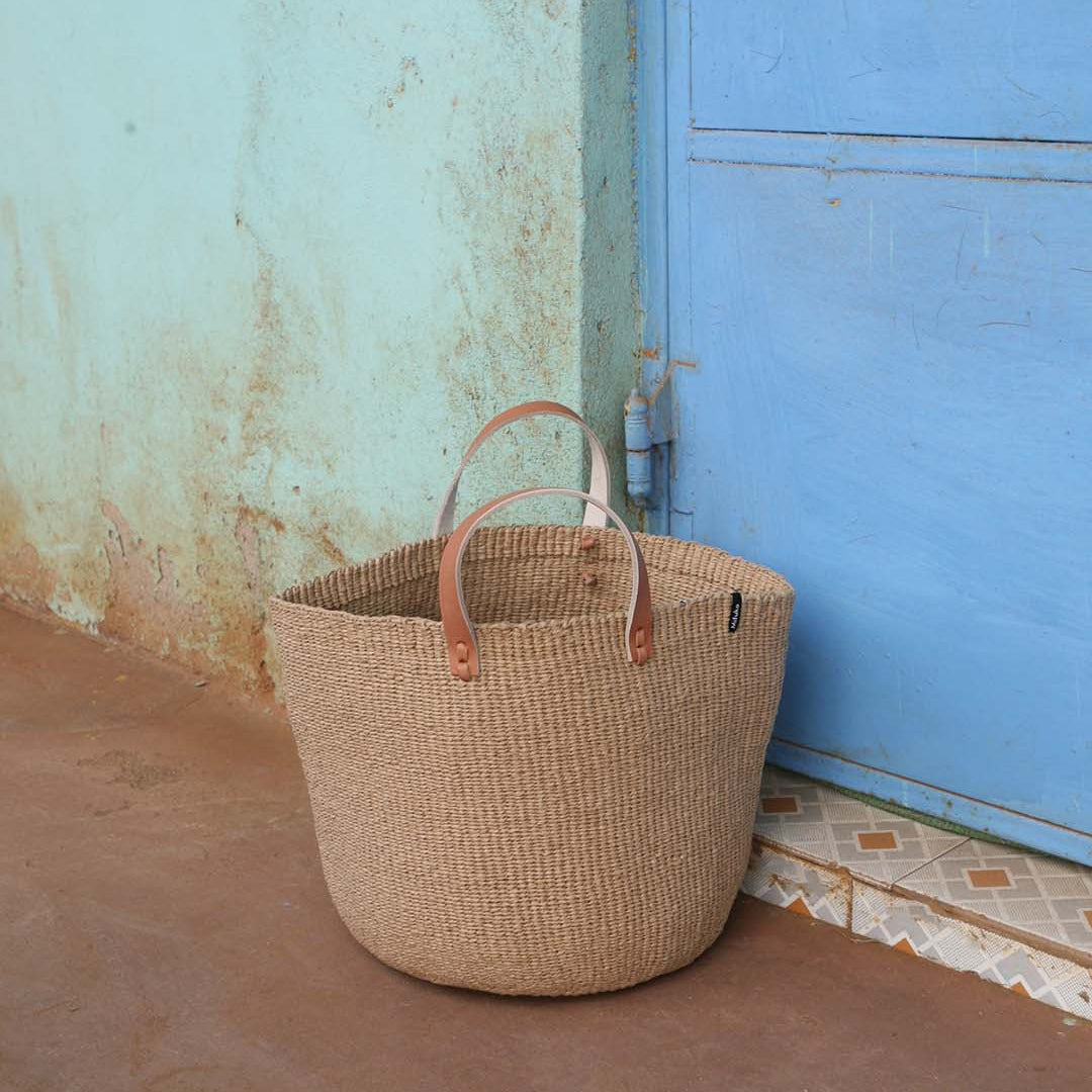 Handmade paper basket medium leather handles fair trade