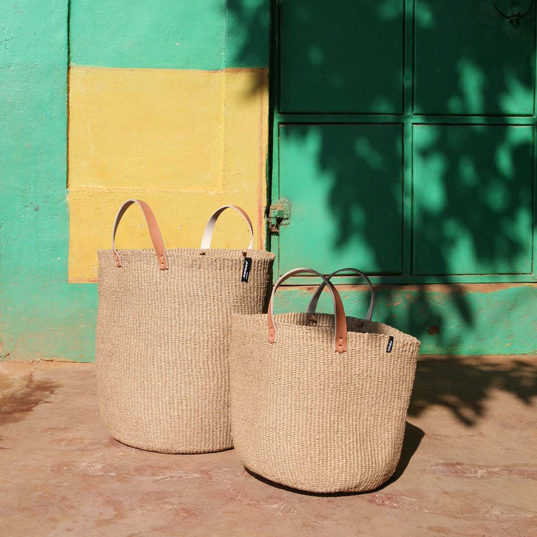Handmade paper basket medium leather handles fair trade