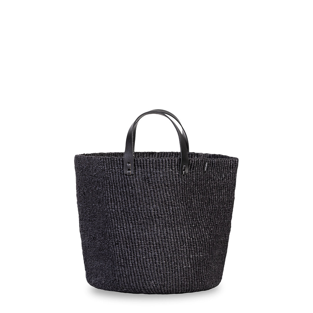 handmade black basket with leather handles fair trade