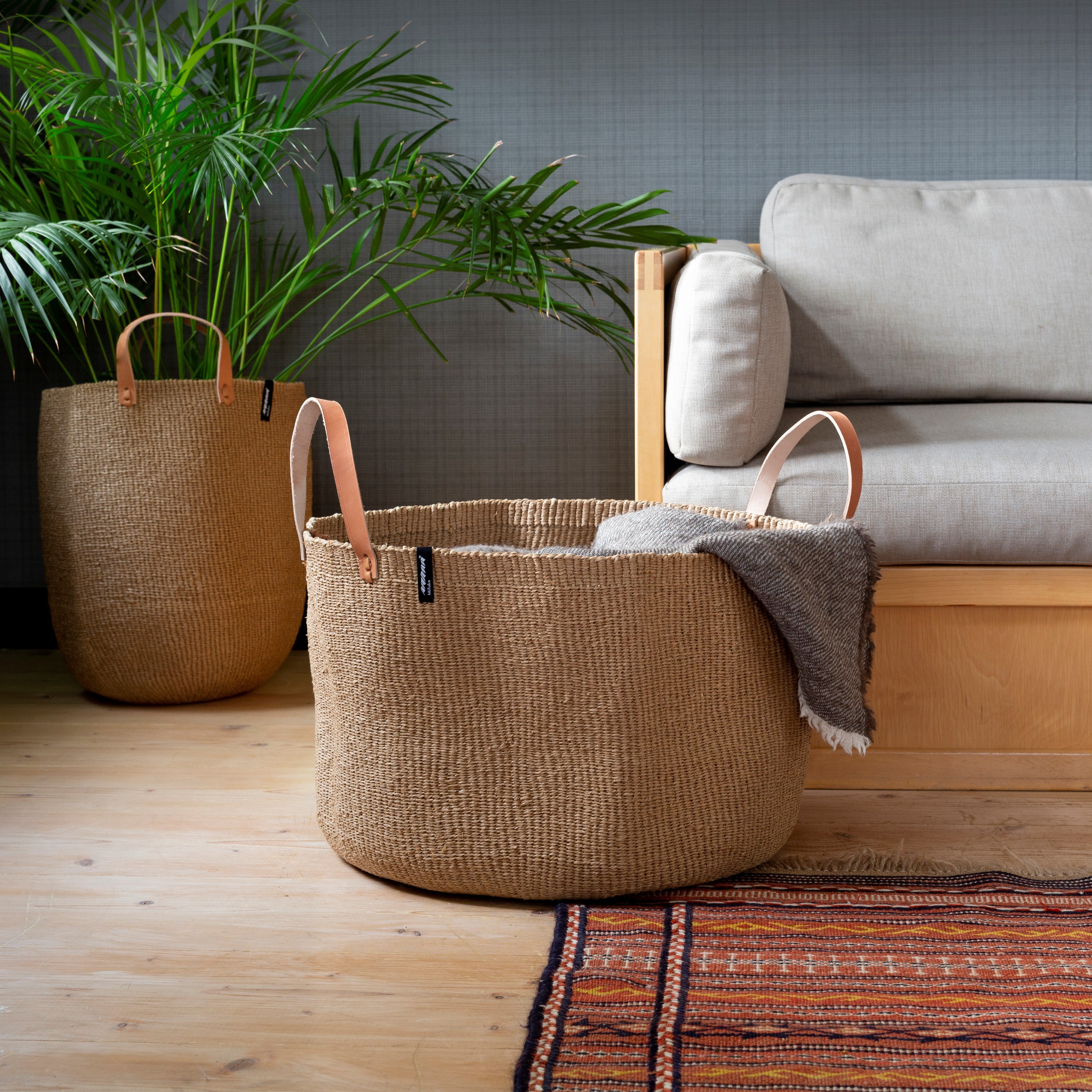 Handmade fair trade Paper Kiondo floor basket | Brown with handles XXL fair trade handmade