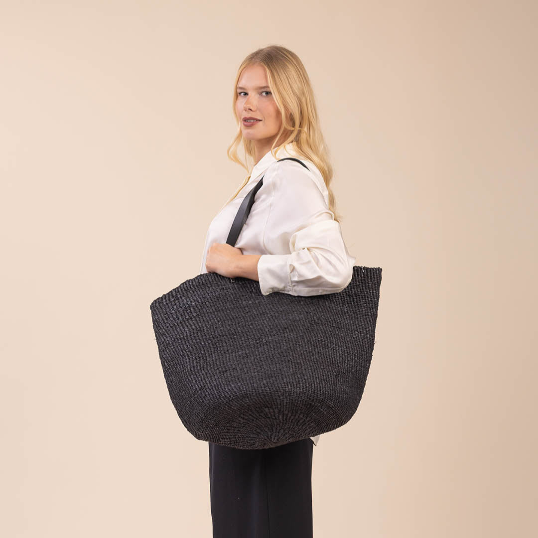 shopper black paper handmade fair trade leather handles