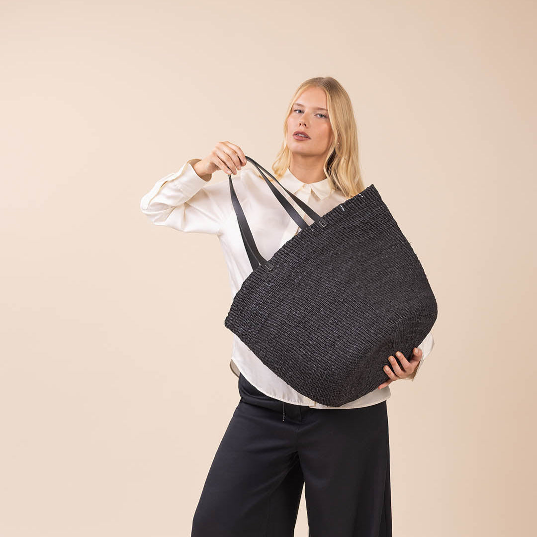 shopper black paper handmade fair trade leather handles