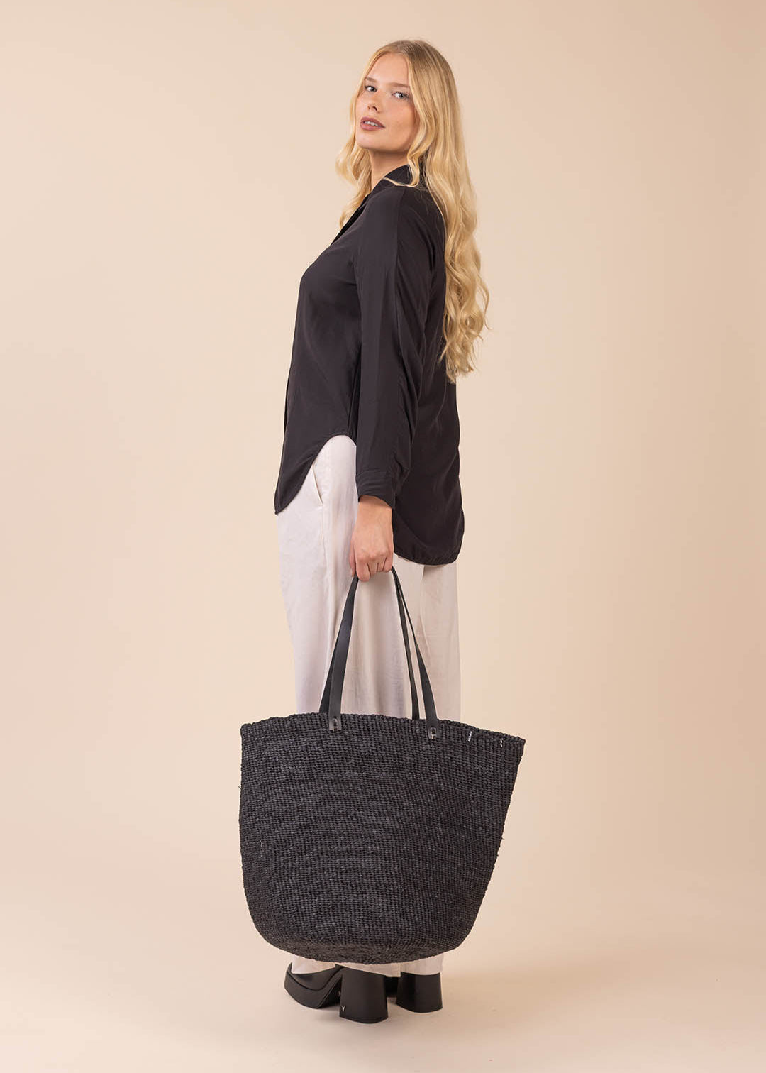 shopper black paper handmade fair trade leather handles