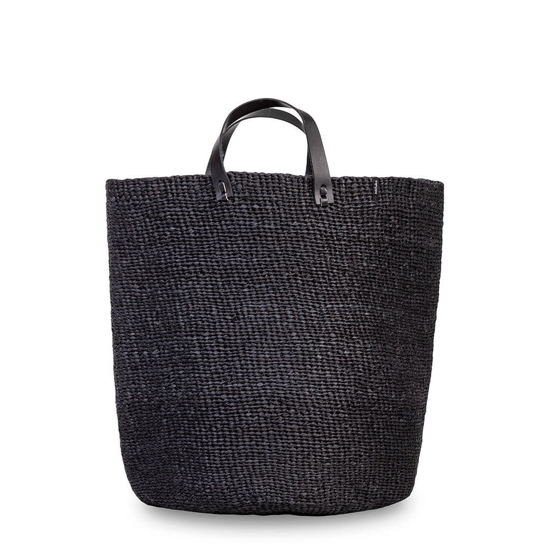 black paper market basket short leather handles handmade fair trade