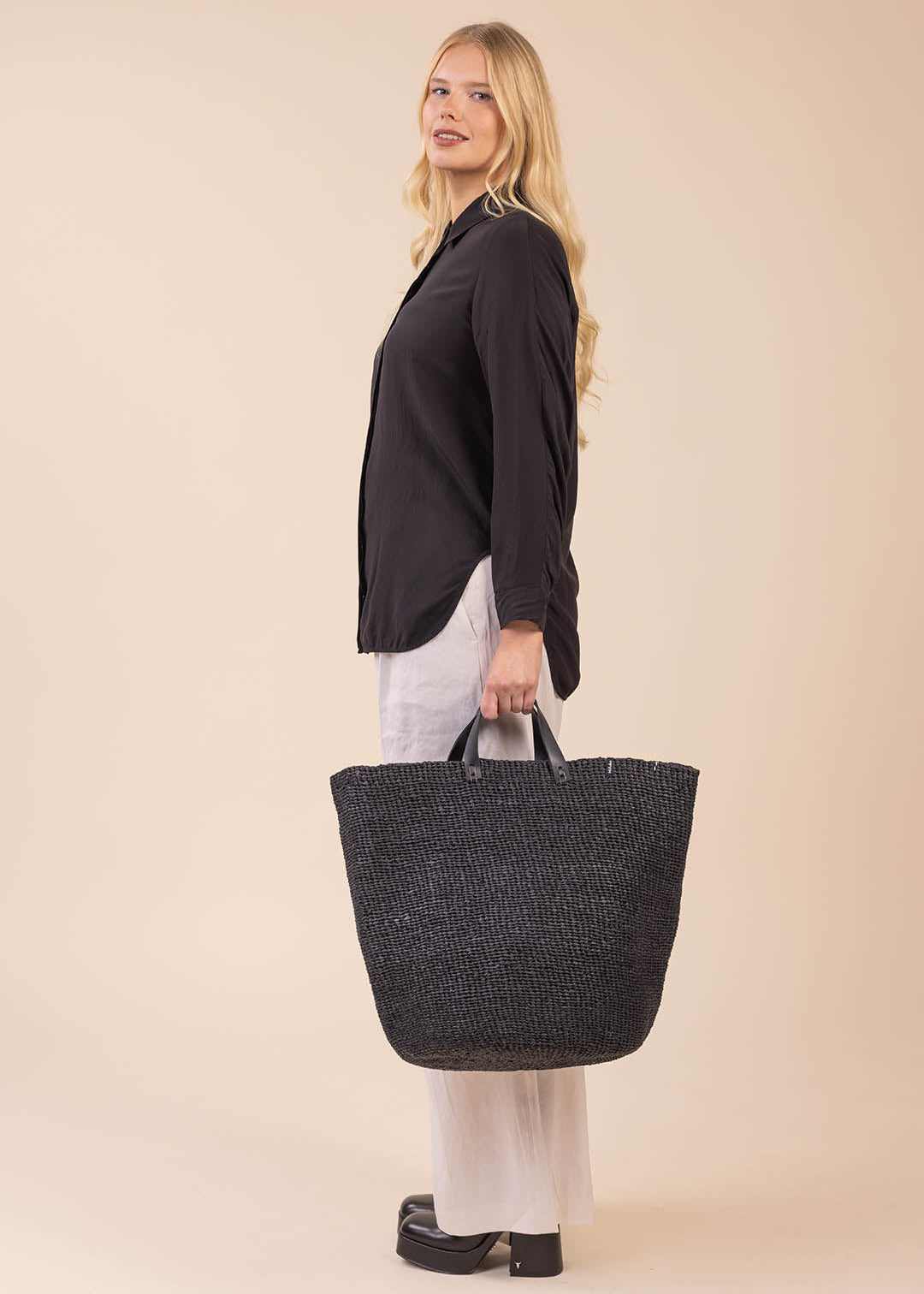 black paper market basket short leather handles handmade fair trade