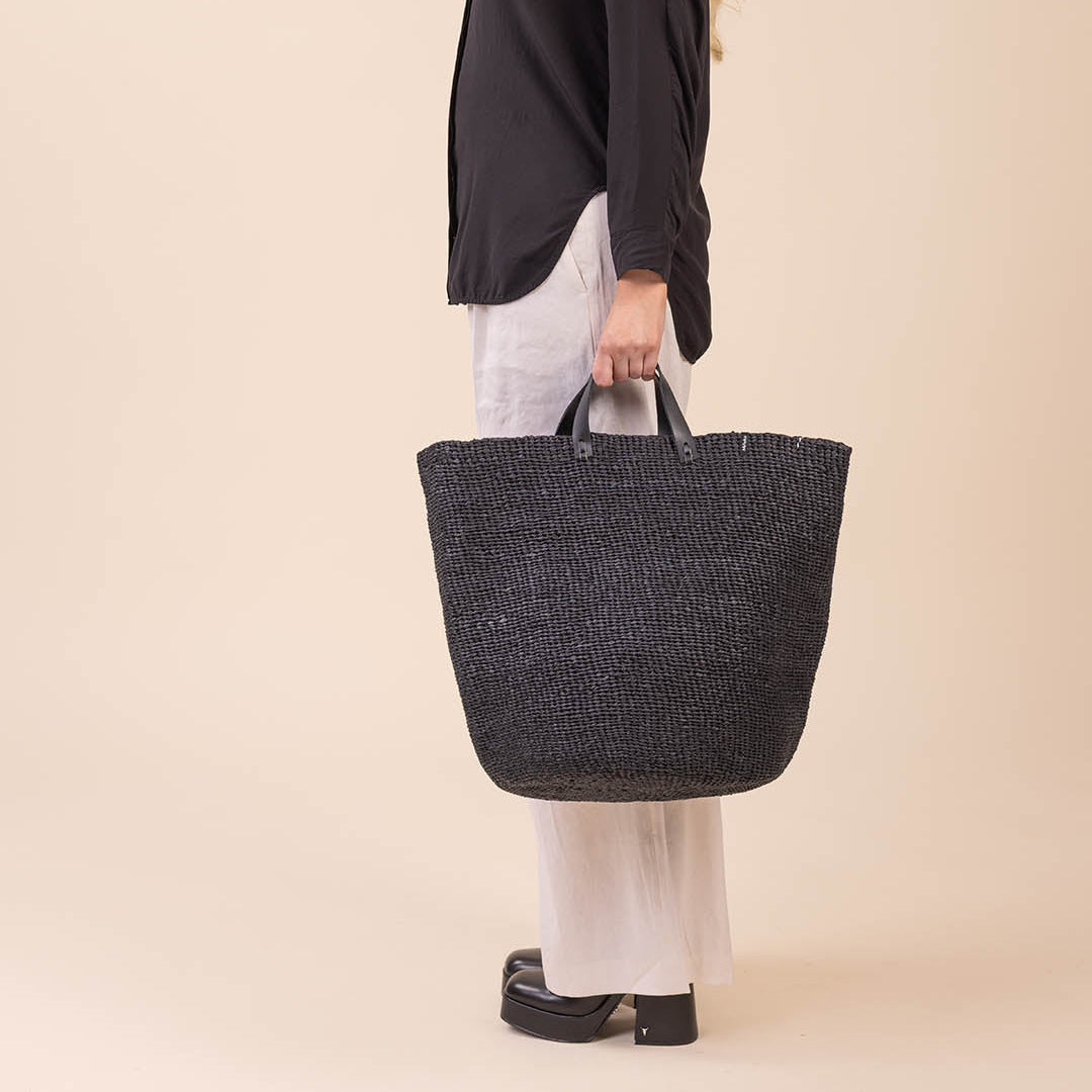 black paper market basket short leather handles handmade fair trade