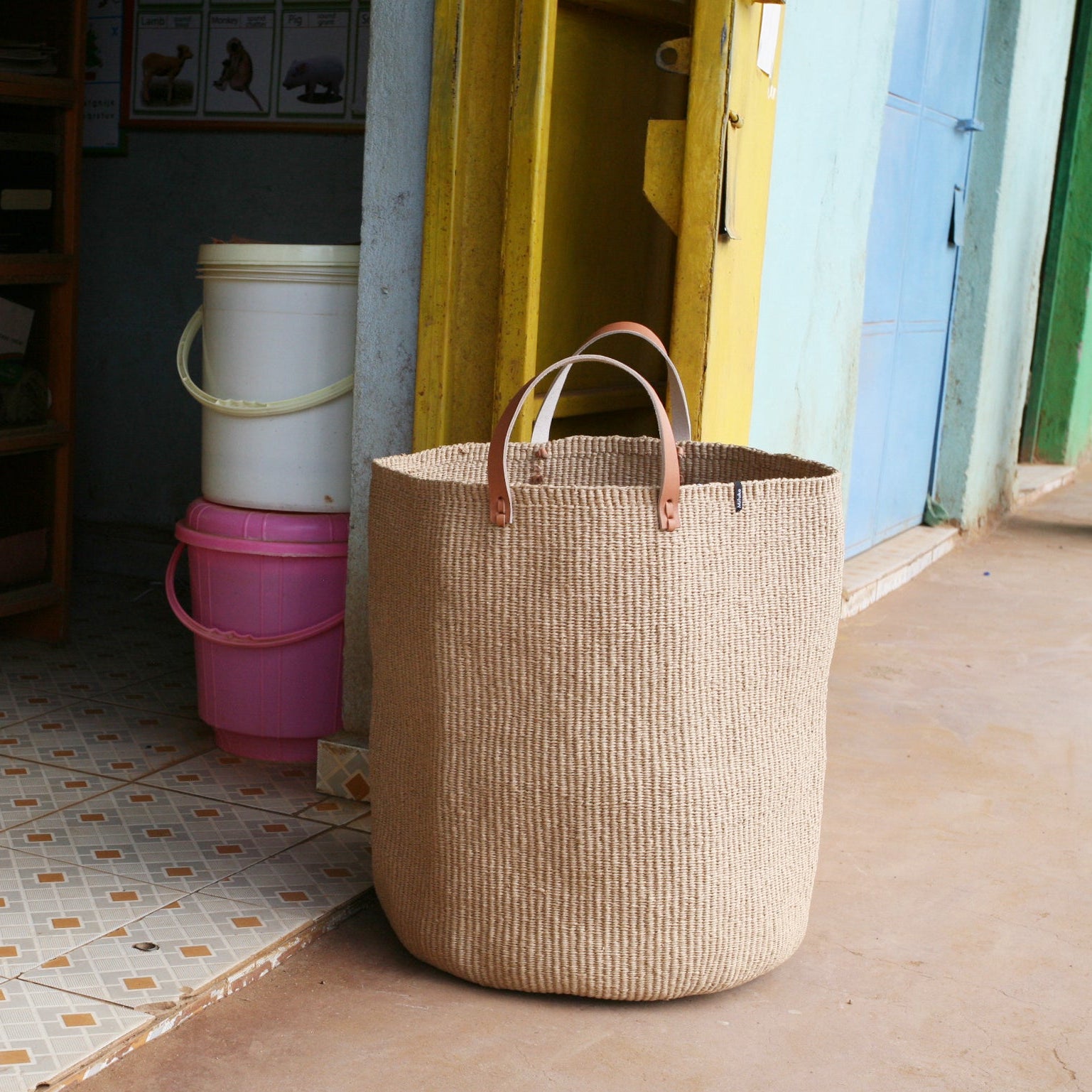 Handmade XL  large basket fair trade leather handles