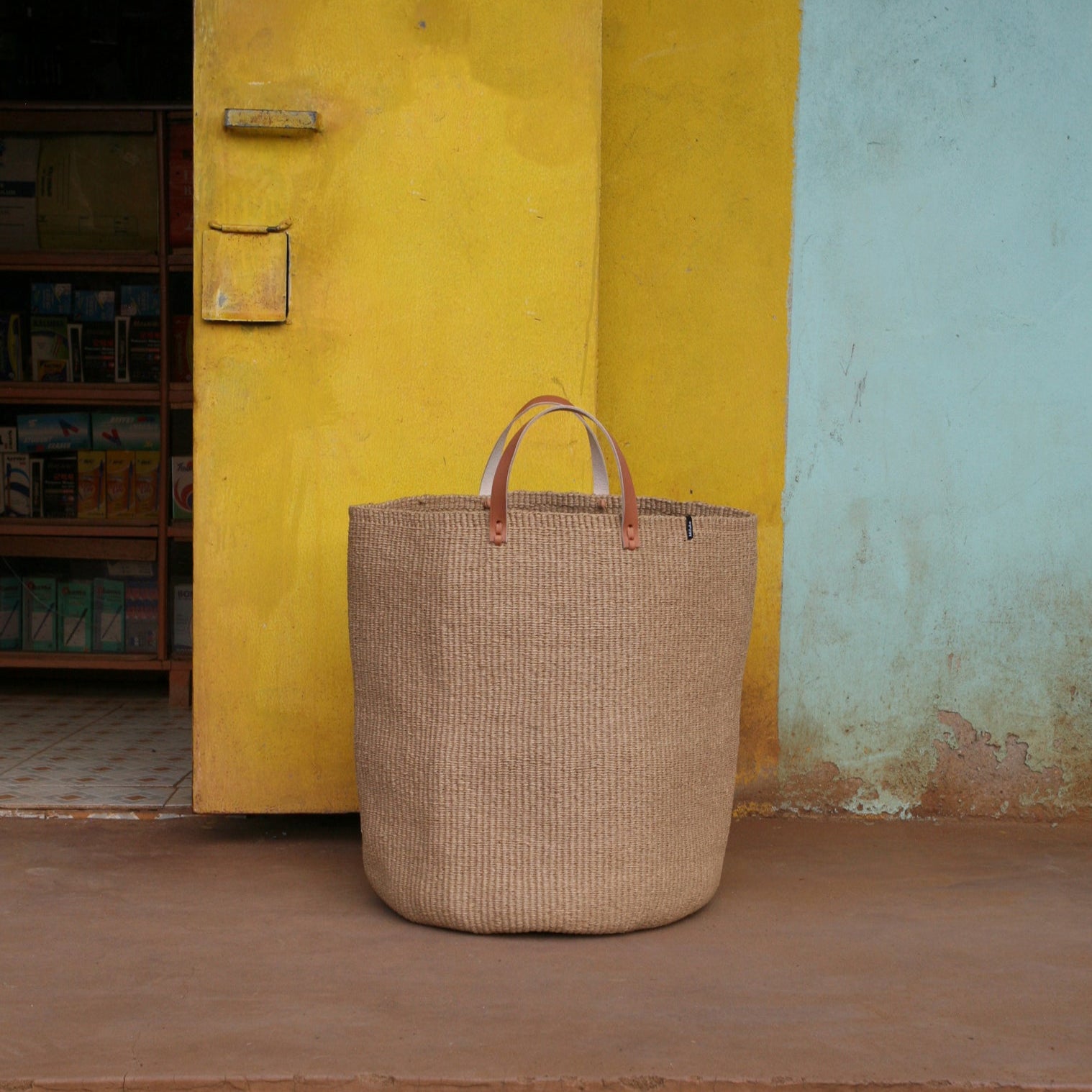 Handmade XL  large basket fair trade leather handles