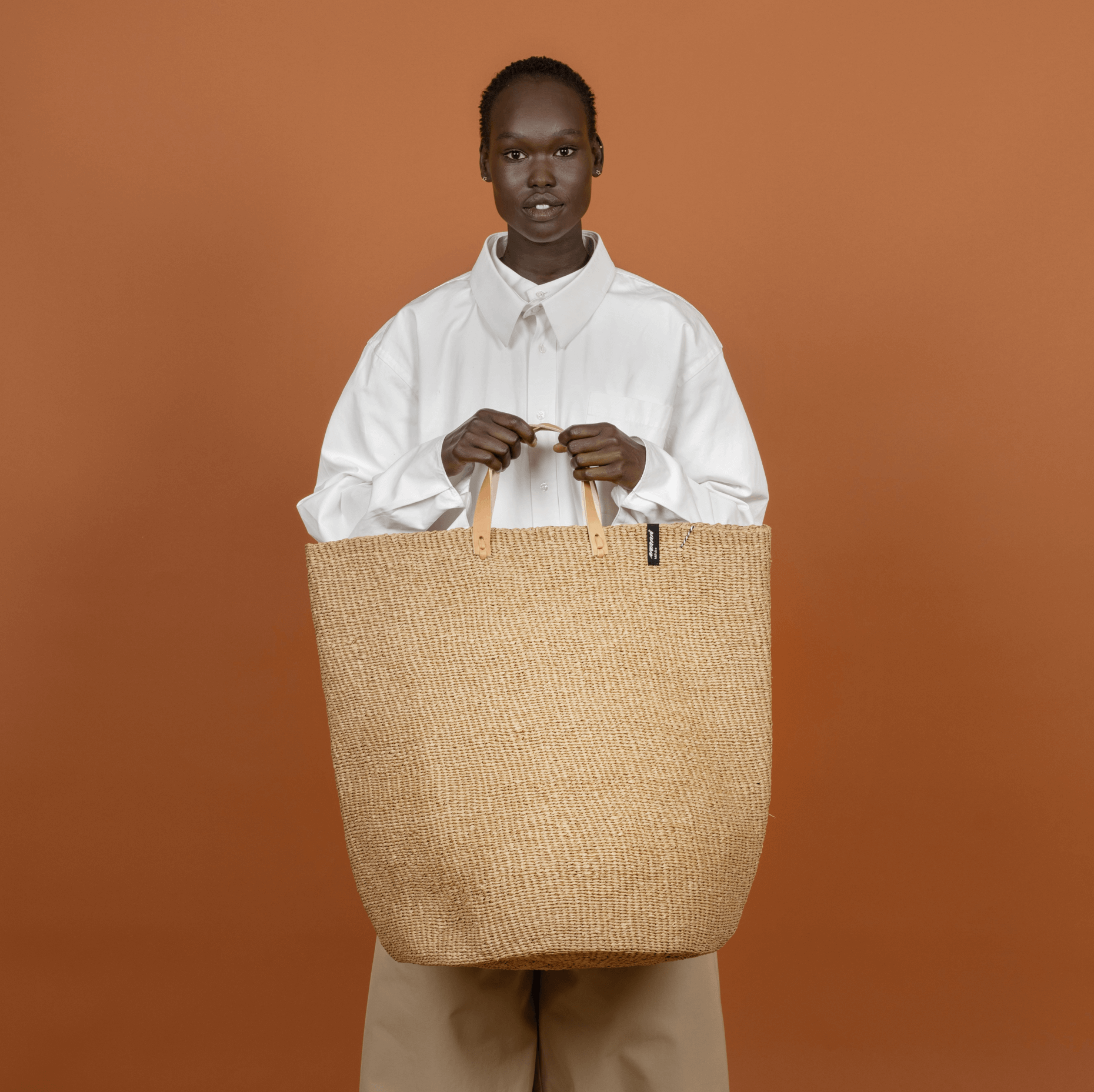 Handmade XL  large basket fair trade leather handles