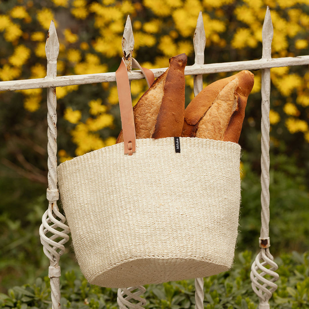 natural sisal basket with leather handle fair trade handmade