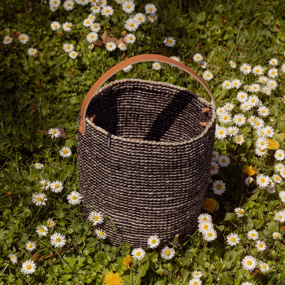 Sisal and wool basket small with leather handle fair trade handmade
