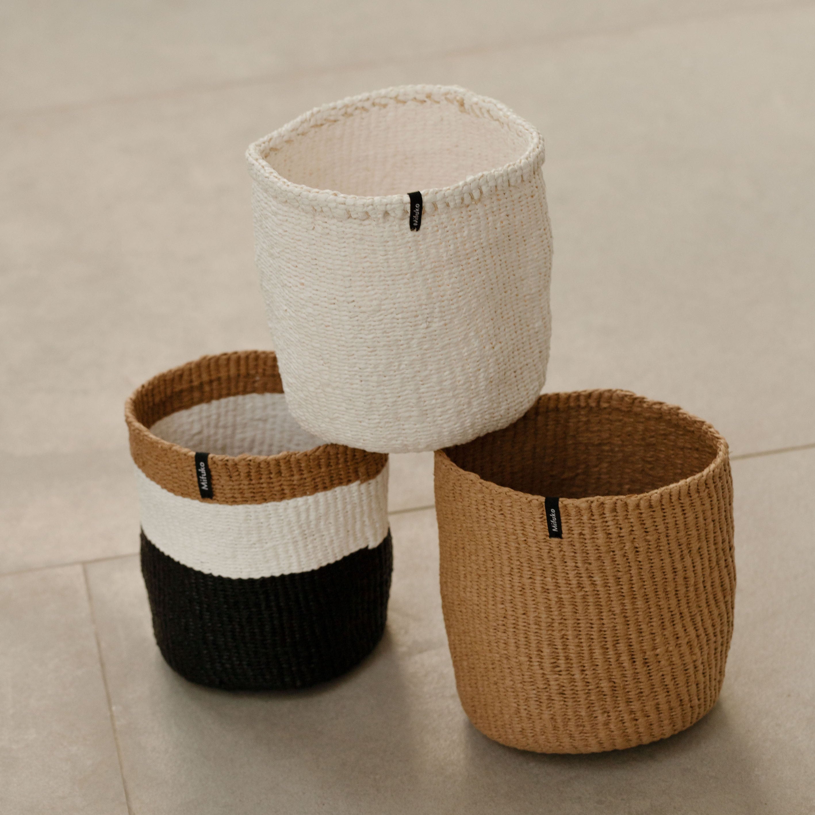beautiful small handmade baskets brown, white and duo, fair trade