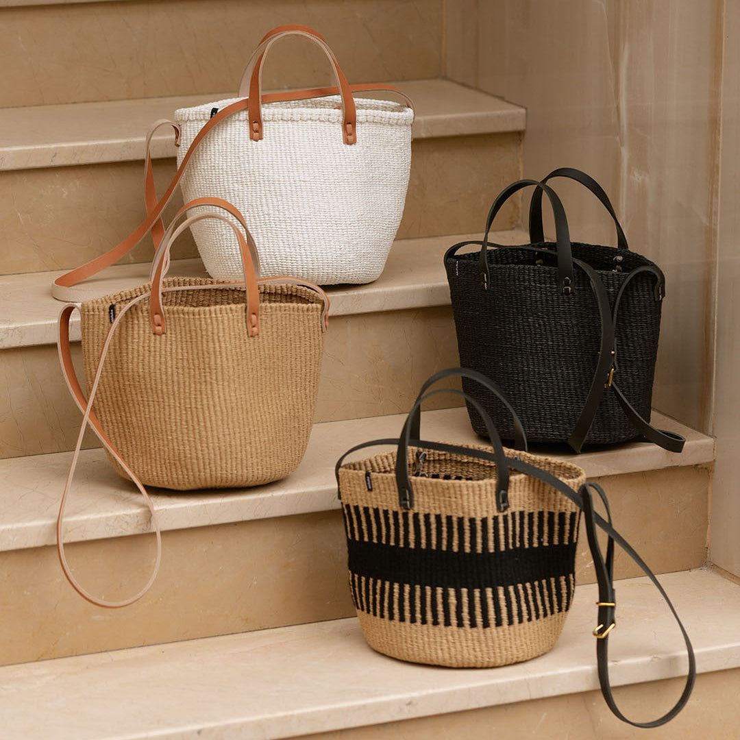 Black handwoven handbag with leather straps fair trade