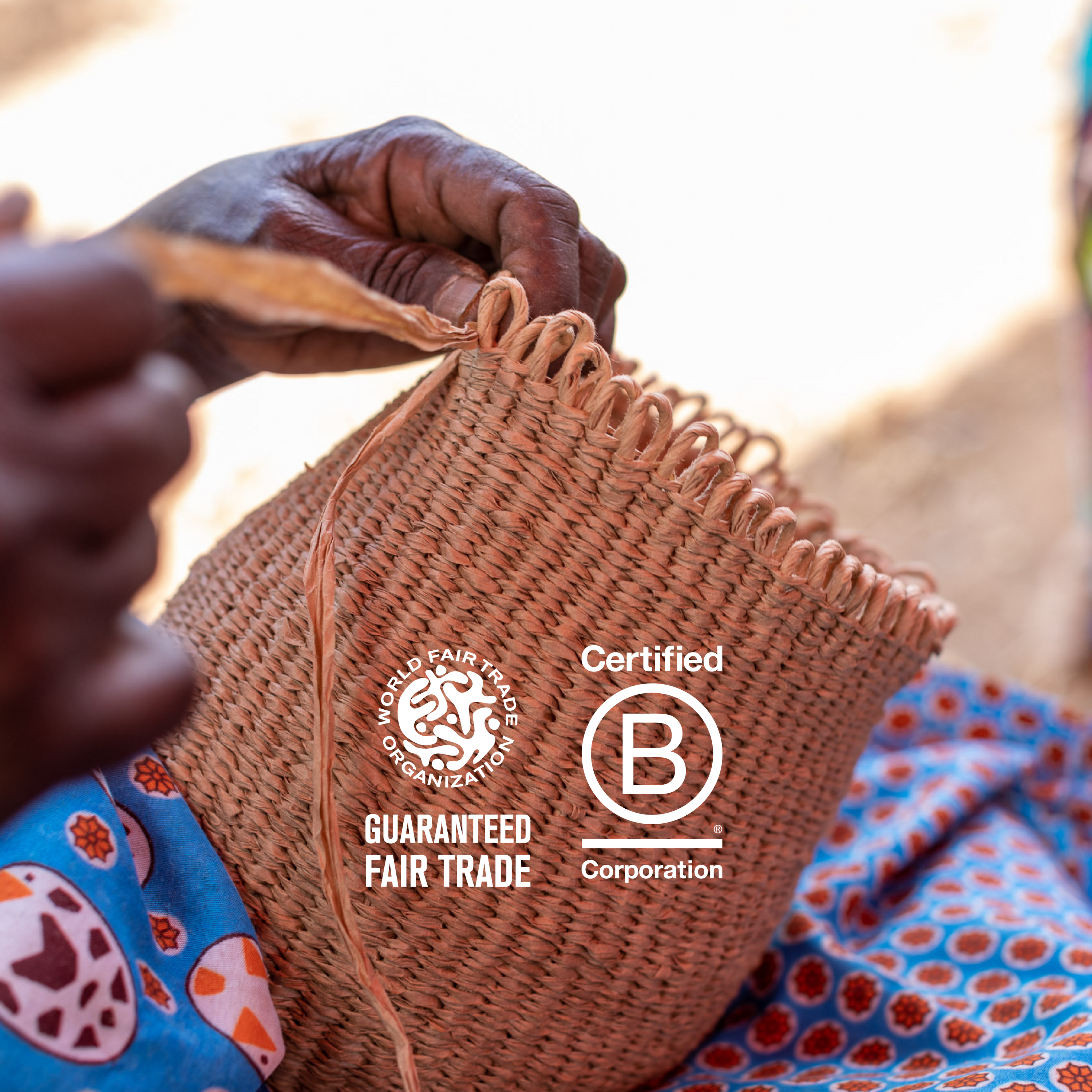 Person knitting with a Certified B Corporation logo and Fair Trade label.