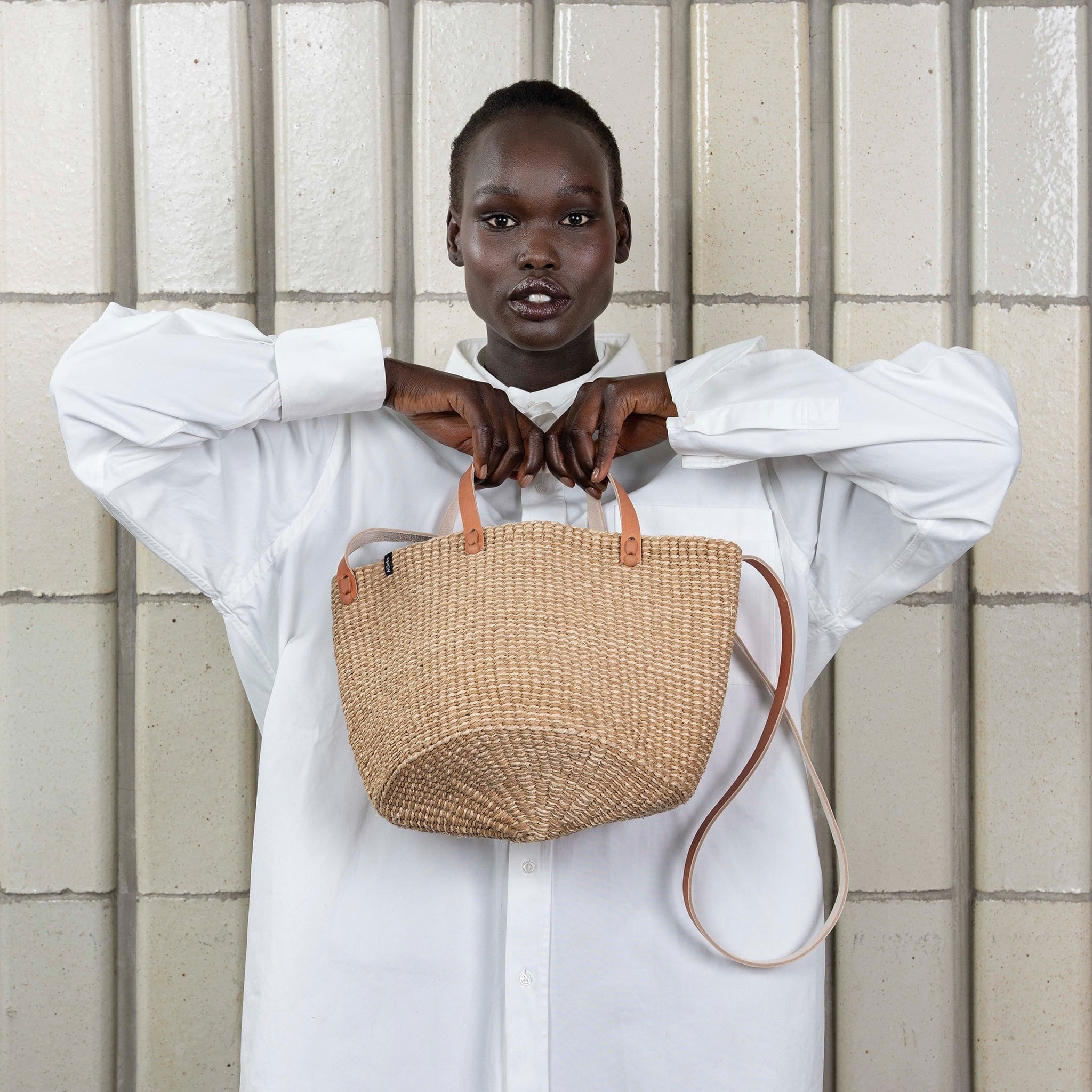 Mifuko Paper and banana fiber Shopper basket Majani shopper basket | One color natural brown S handmade leather handles fair trade
