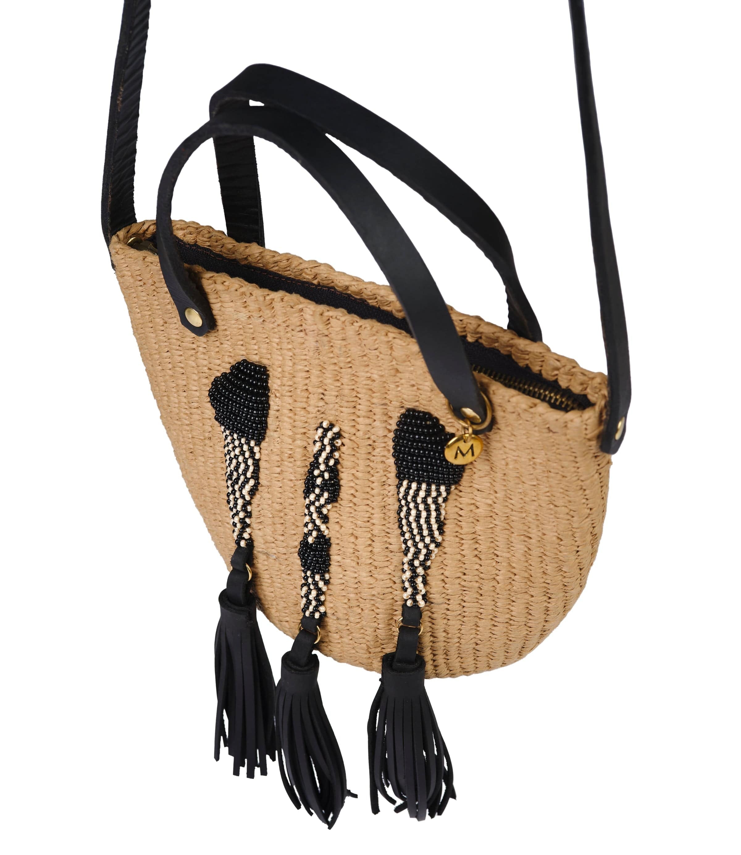 Mifuko Paper and Glass beads Shopper basket Kiondo Shopper basket | Anyango design black and white XS handmade fair trade high fashion treasure handbag