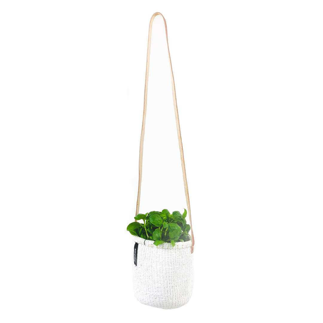 Mifuko Partly recycled plastic and sisal Basket with long handle XS Kiondo hanging basket | White XS