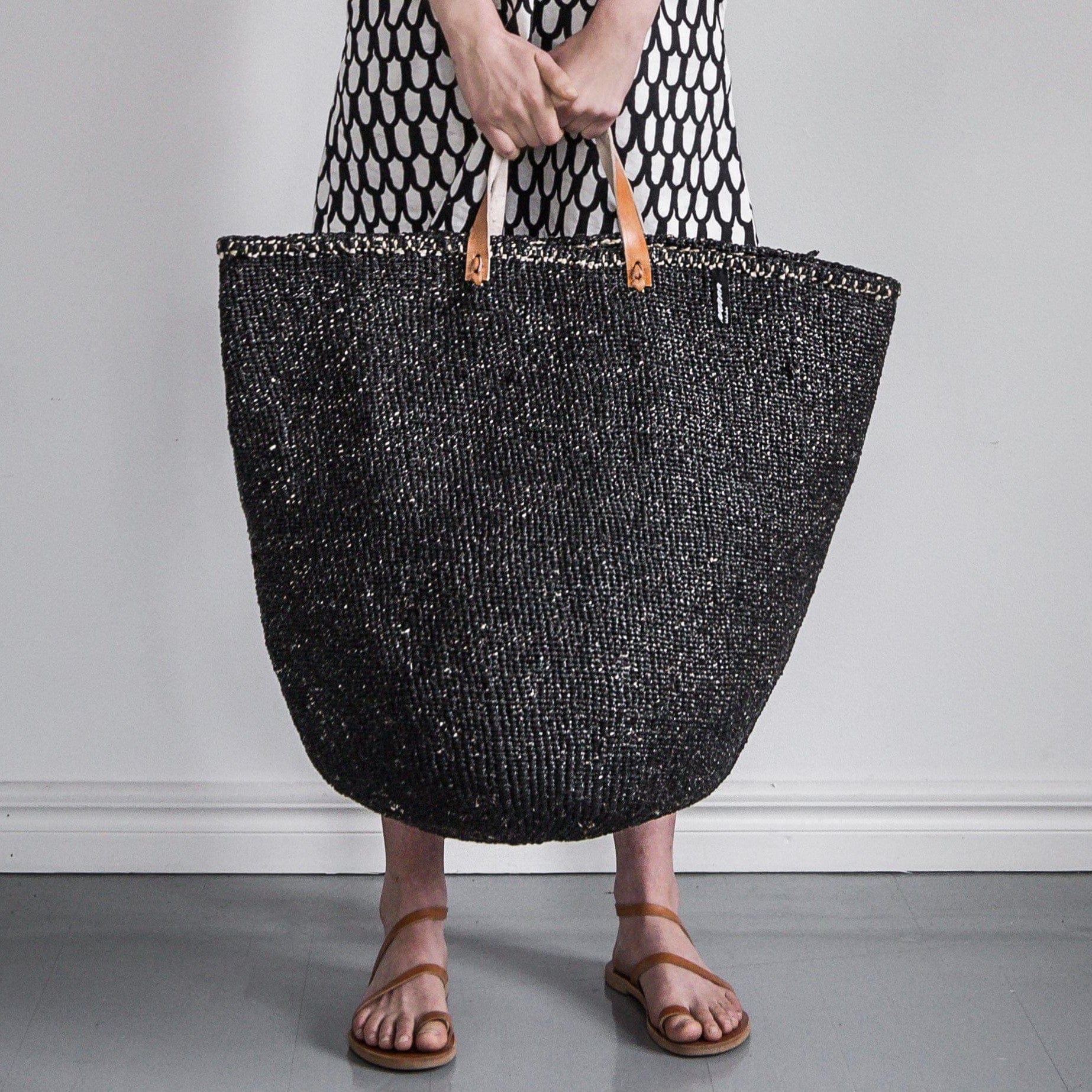 Mifuko Partly recycled plastic and sisal Large basket with handle XL Kiondo floor basket | Black with handles XL