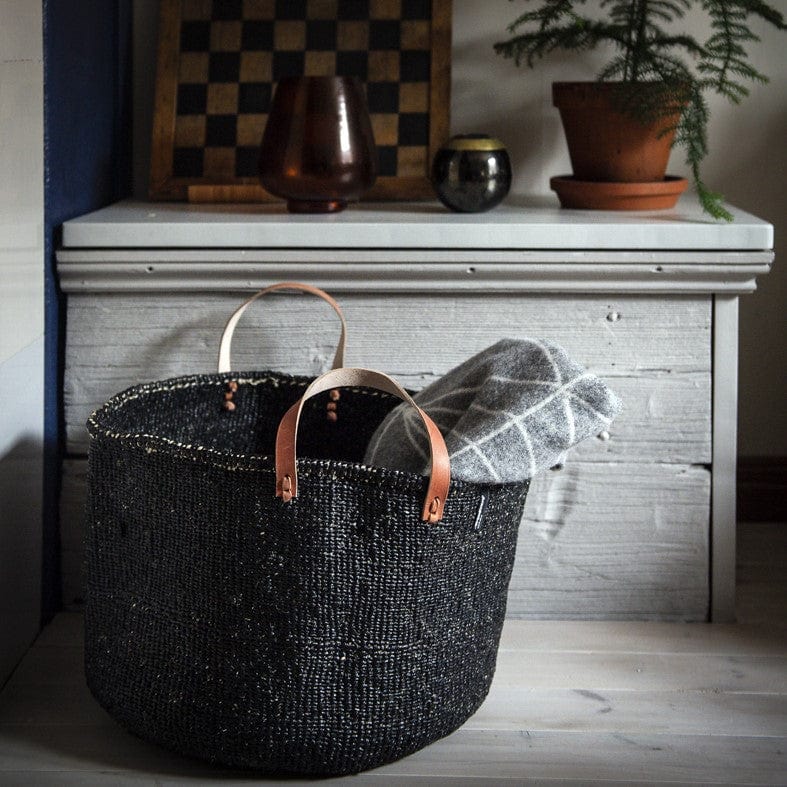 Mifuko Partly recycled plastic and sisal Large basket with handle XXL Kiondo floor basket | Black with handles XXL