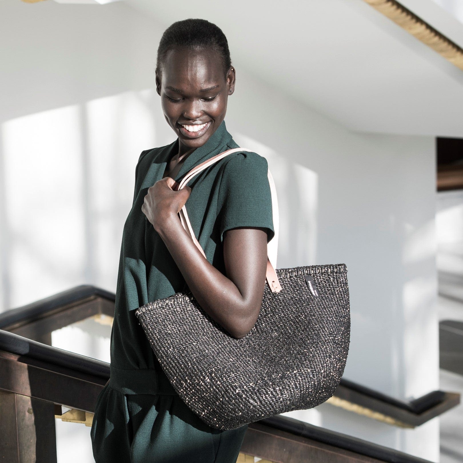 Mifuko Partly recycled plastic and sisal Shopper basket M Kiondo shopper basket | Black M leather handles fair trade handmade