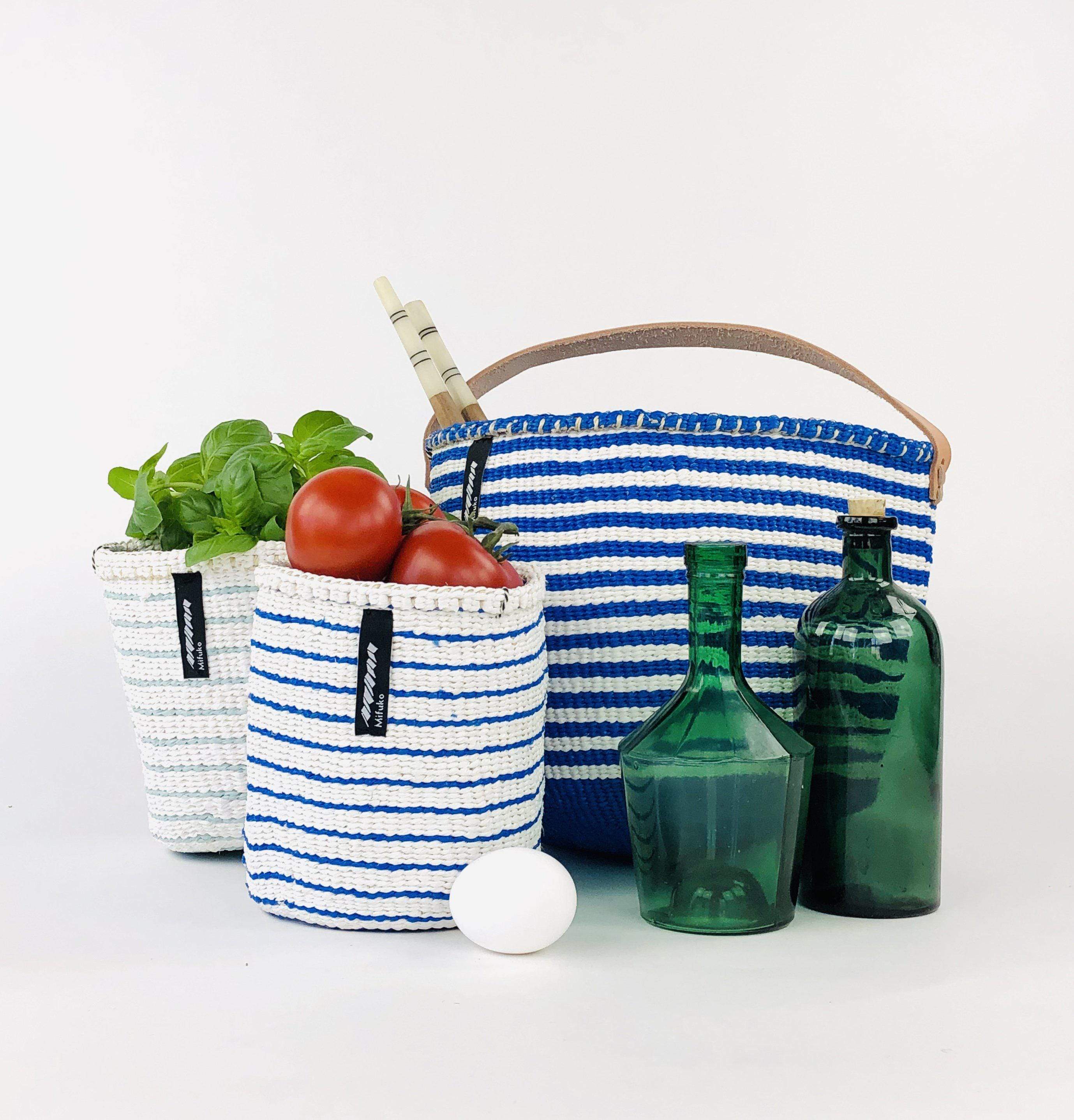 Mifuko Partly recycled plastic and sisal Small basket XS Kiondo basket | Blue multistripe XS