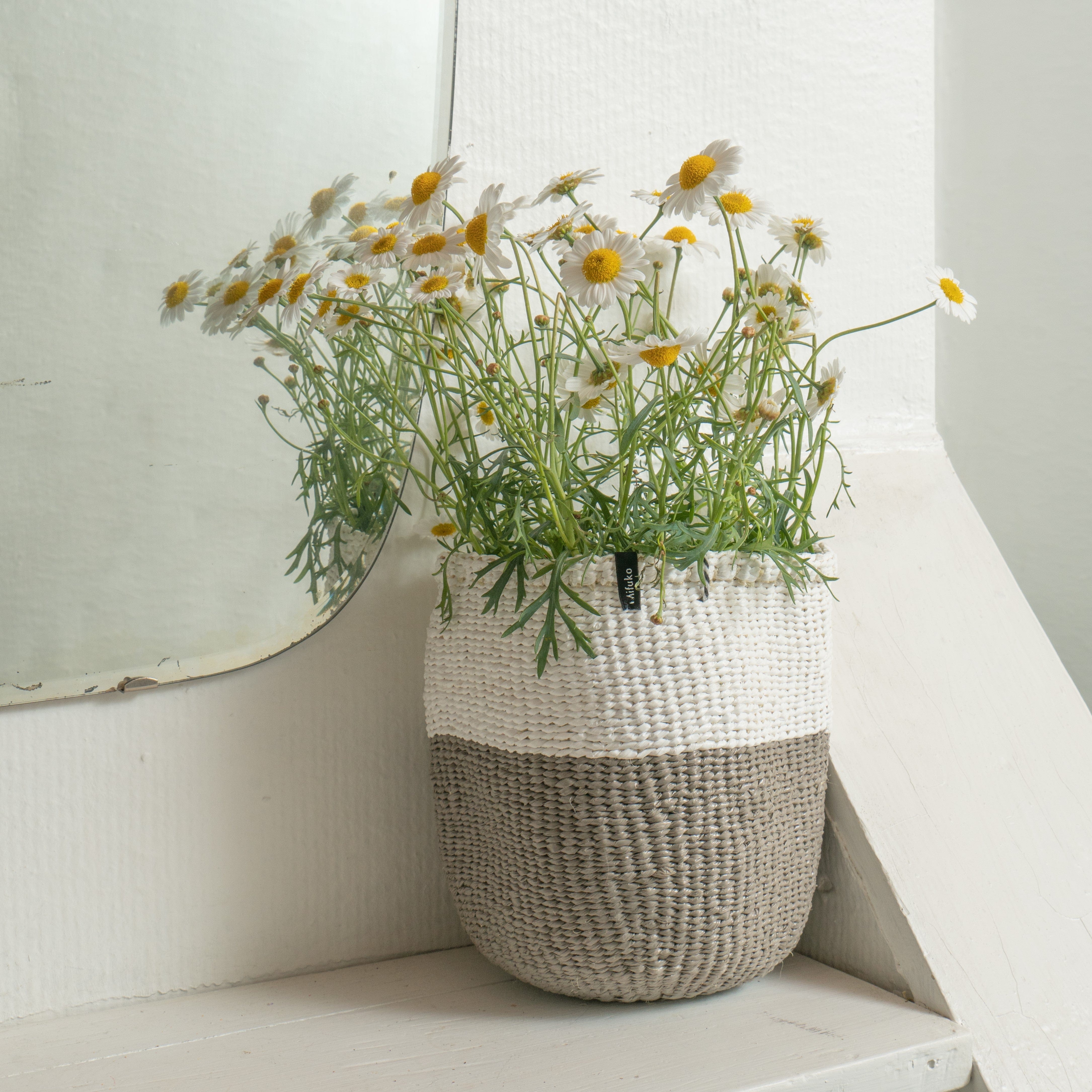 Mifuko Partly recycled plastic and sisal Small basket XS Kiondo basket | White and warm grey duo XS