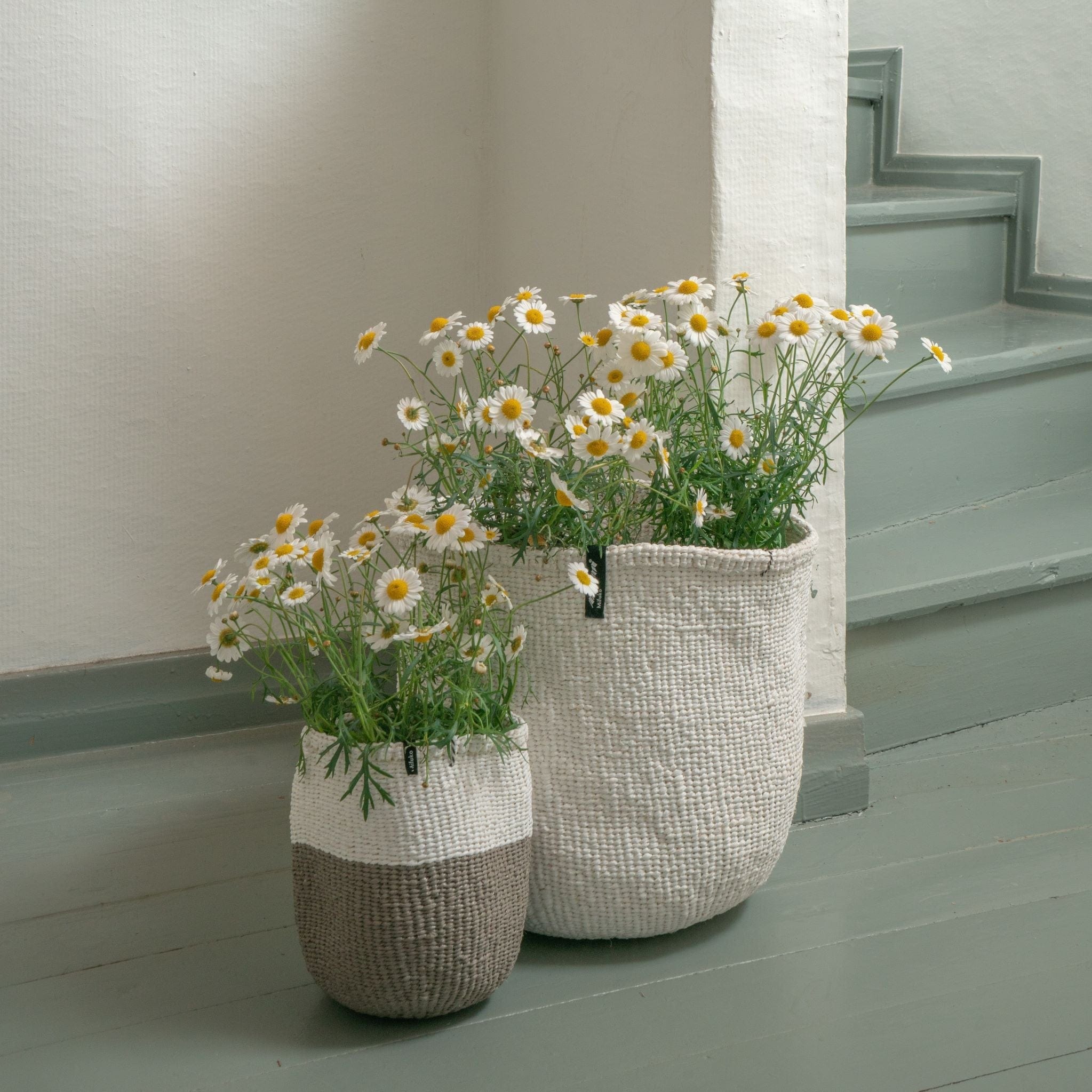 Mifuko Partly recycled plastic and sisal Small basket XS Kiondo basket | White and warm grey duo XS