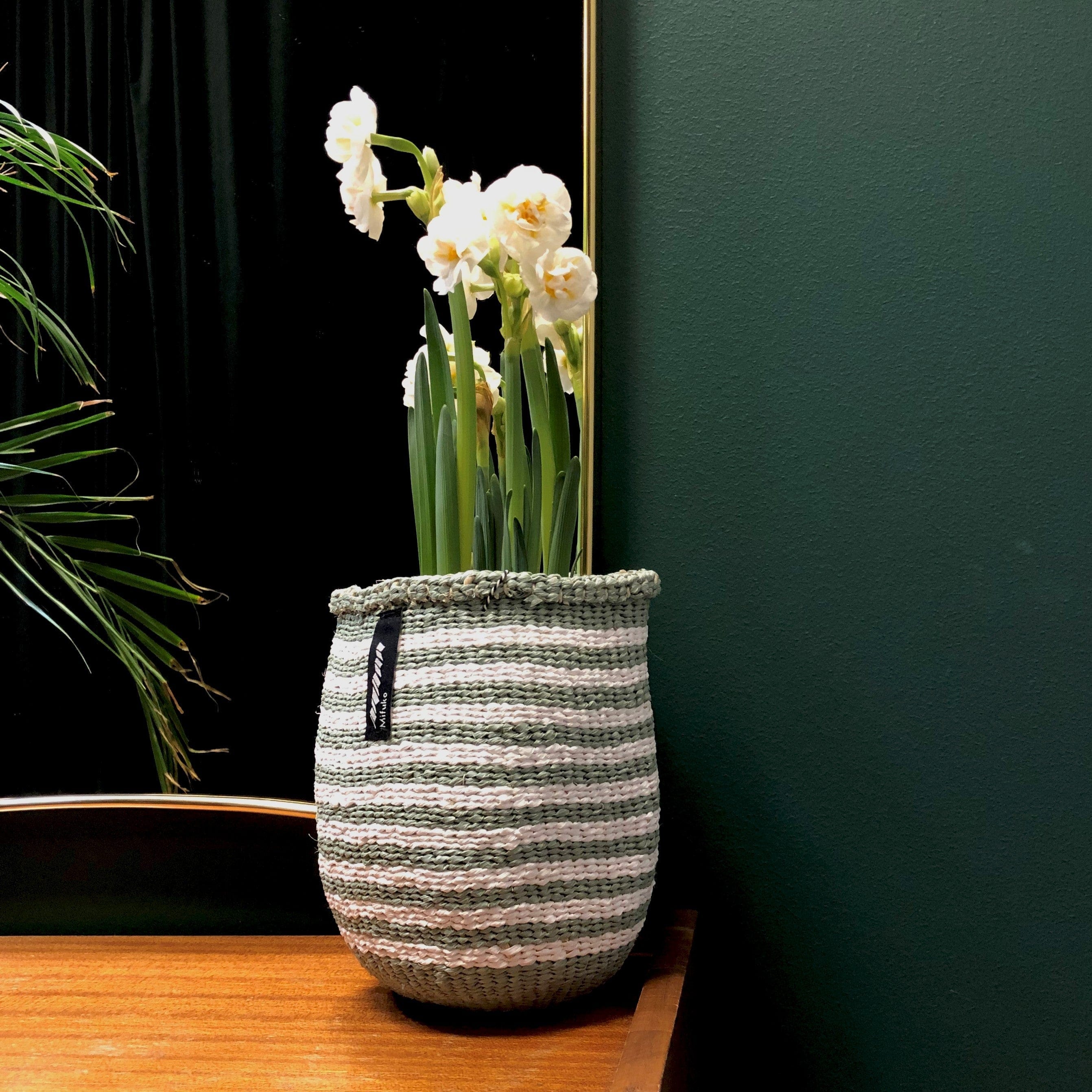 Mifuko Partly recycled plastic and sisal Small basket XS Kiondo basket | Thin light green stripes XS