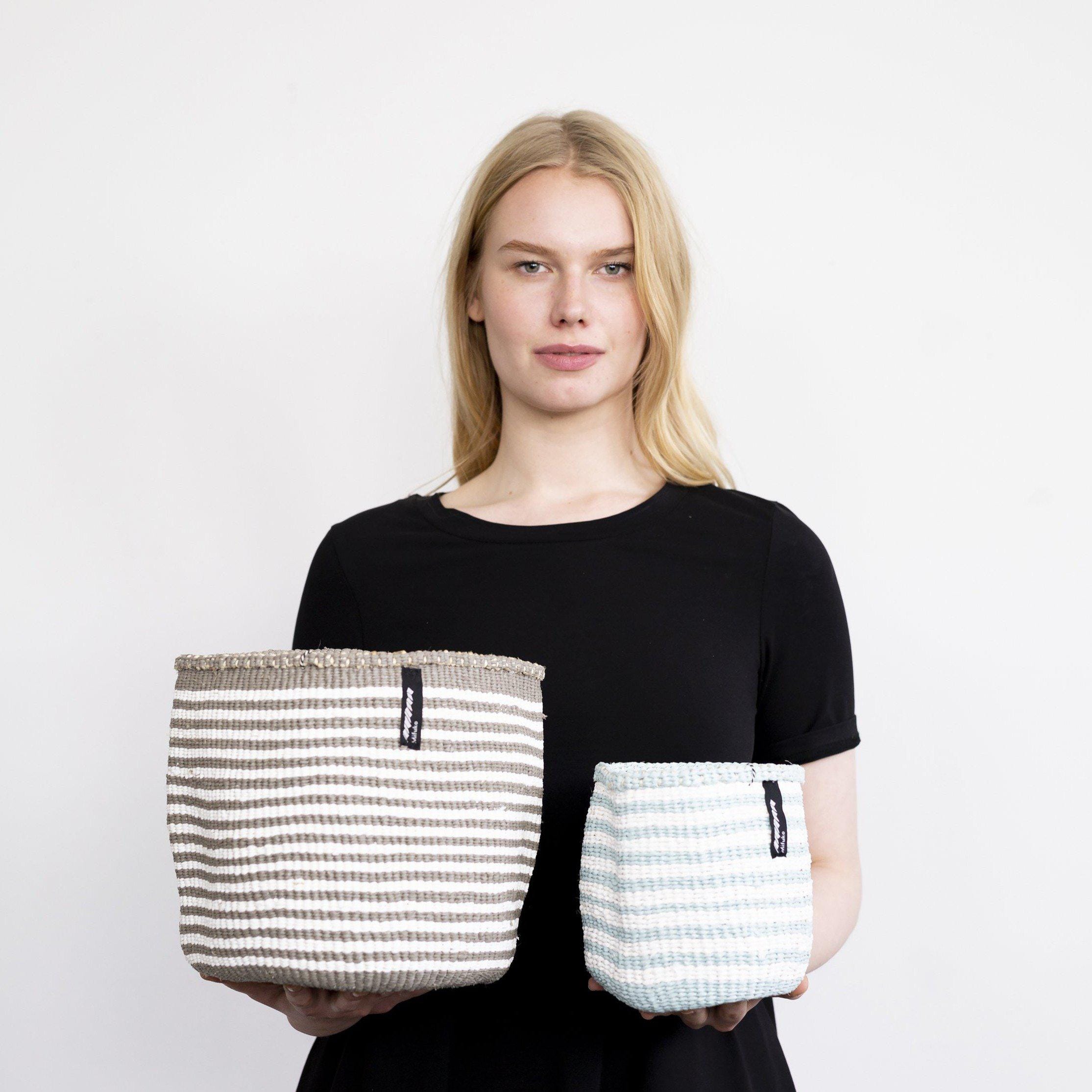 Mifuko Partly recycled plastic and sisal Small basket S Kiondo basket | Thin warm grey stripes S
