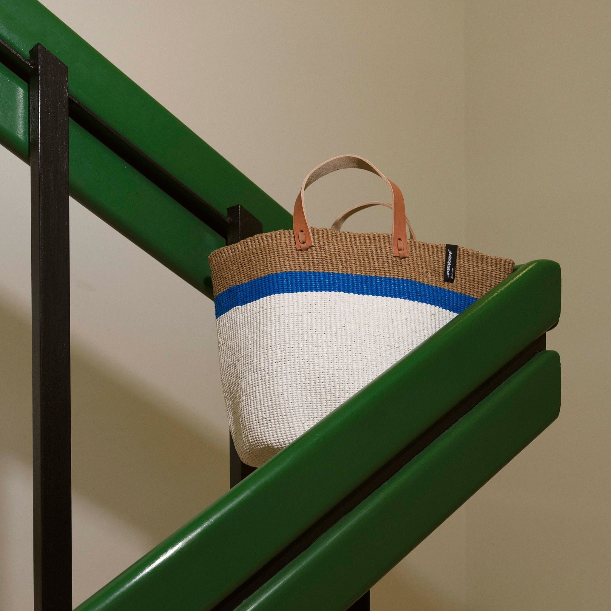 Mifuko Plastic and paper Market basket Kiondo  Market basket | Top stripe blue M handmade fair trade leather handles
