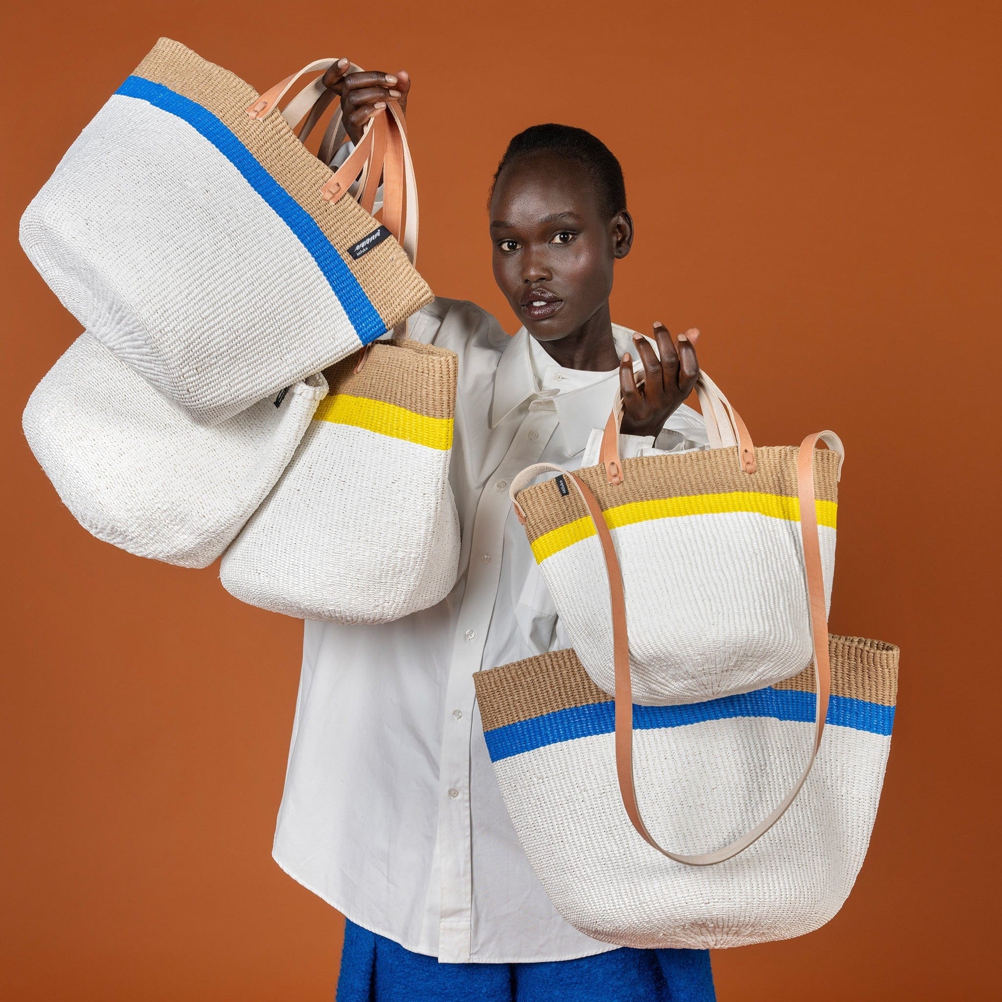 Mifuko Plastic and paper Market basket Kiondo  Market basket | Top stripe blue M handmade fair trade leather handles