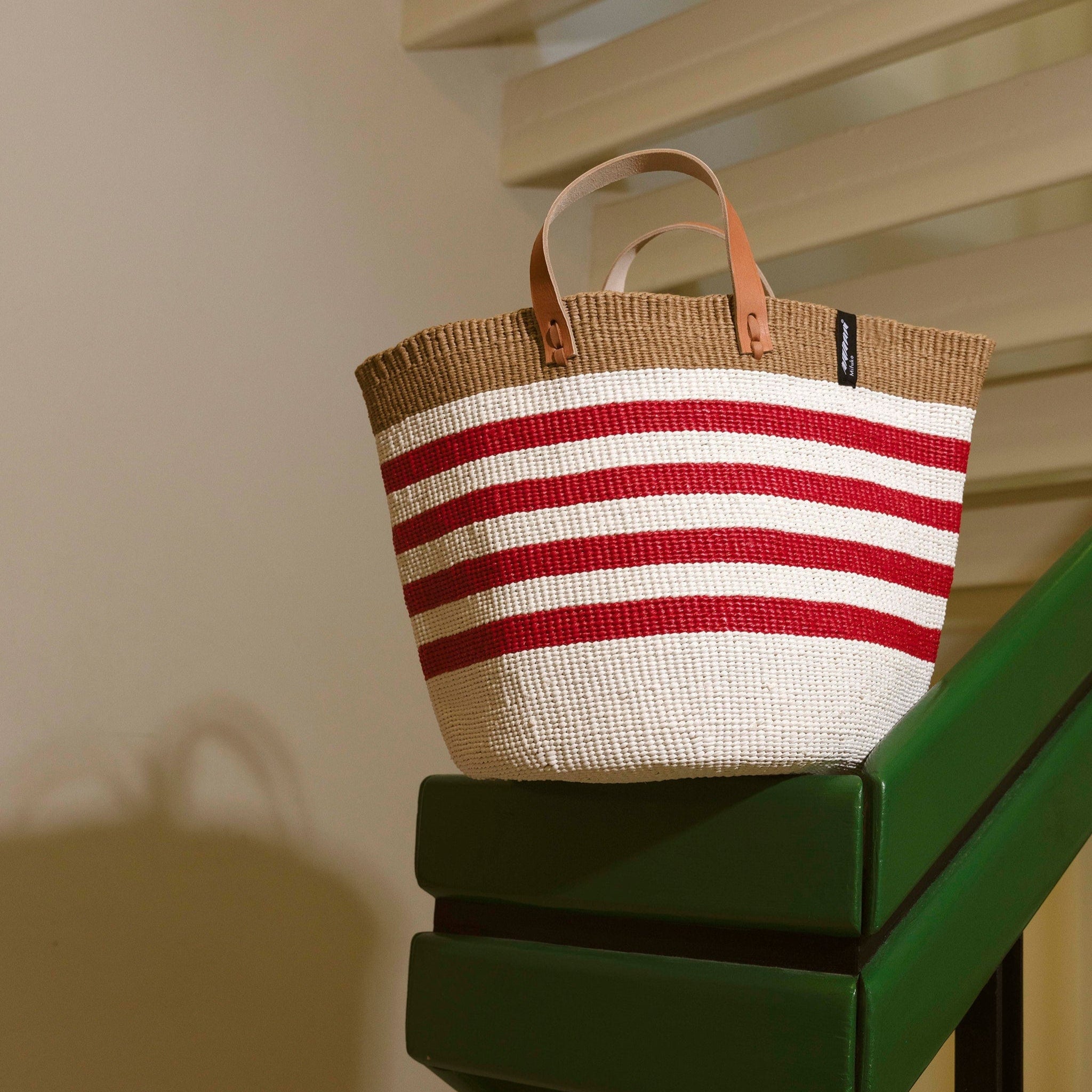 Mifuko Plastic and paper Market basket Kiondo Market basket | Thin stripe red M handmade fair trade leather handles