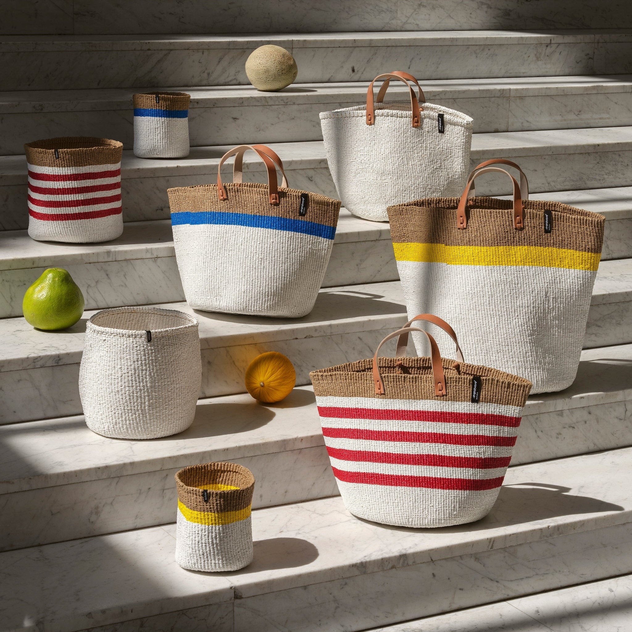 Mifuko Plastic and paper Market basket Kiondo Market basket | Thin stripe red M handmade fair trade leather handles