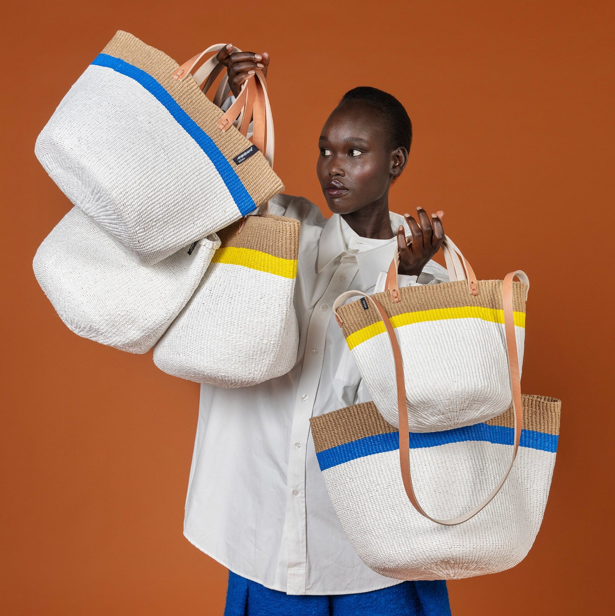 Mifuko Plastic and paper Shopper basket Kiondo Shopper basket | Top stripe blue M handmade leather handles fair trade