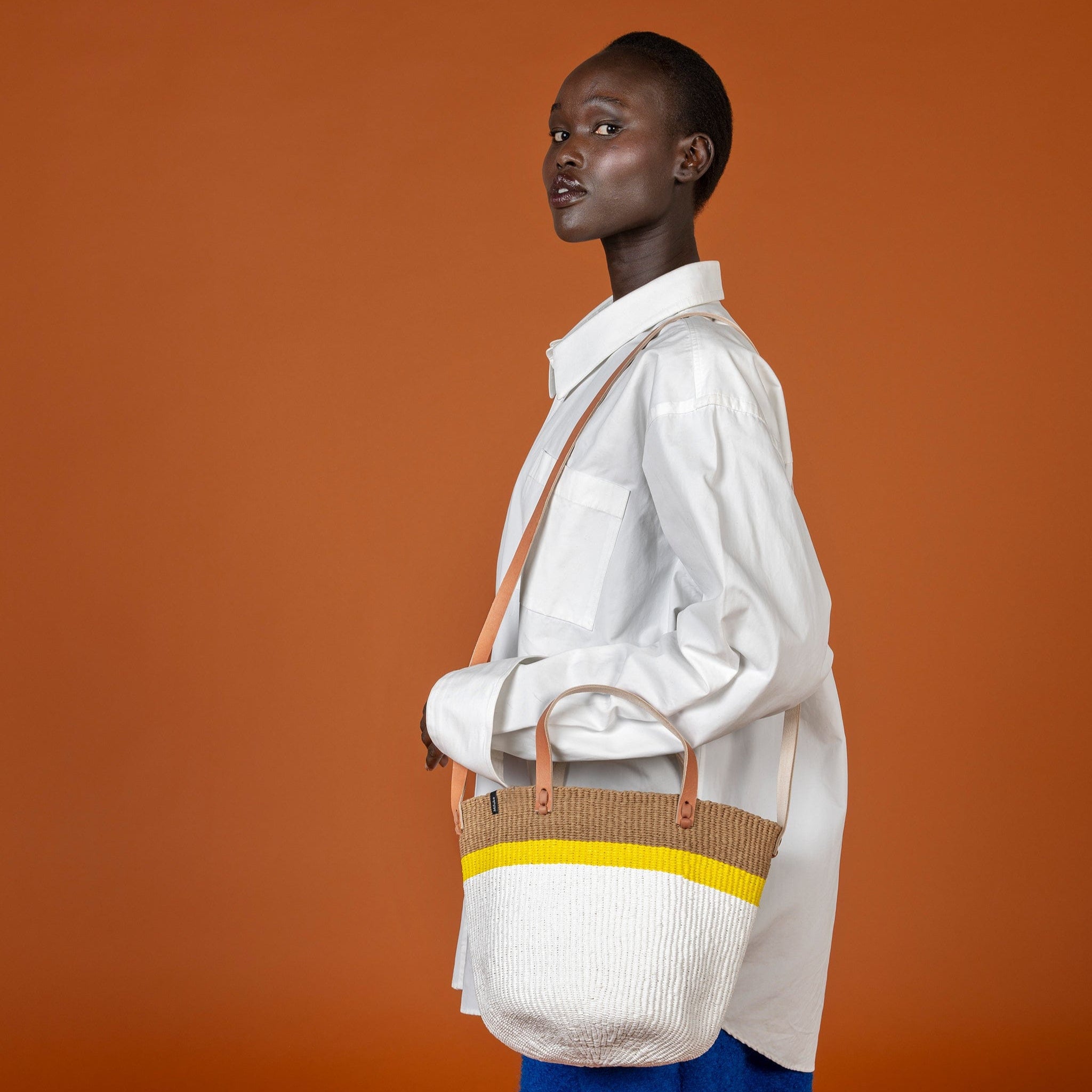 Mifuko Plastic and paper Shopper basket Kiondo shopper basket | Top stripe yellow S handmade fair trade leather handles