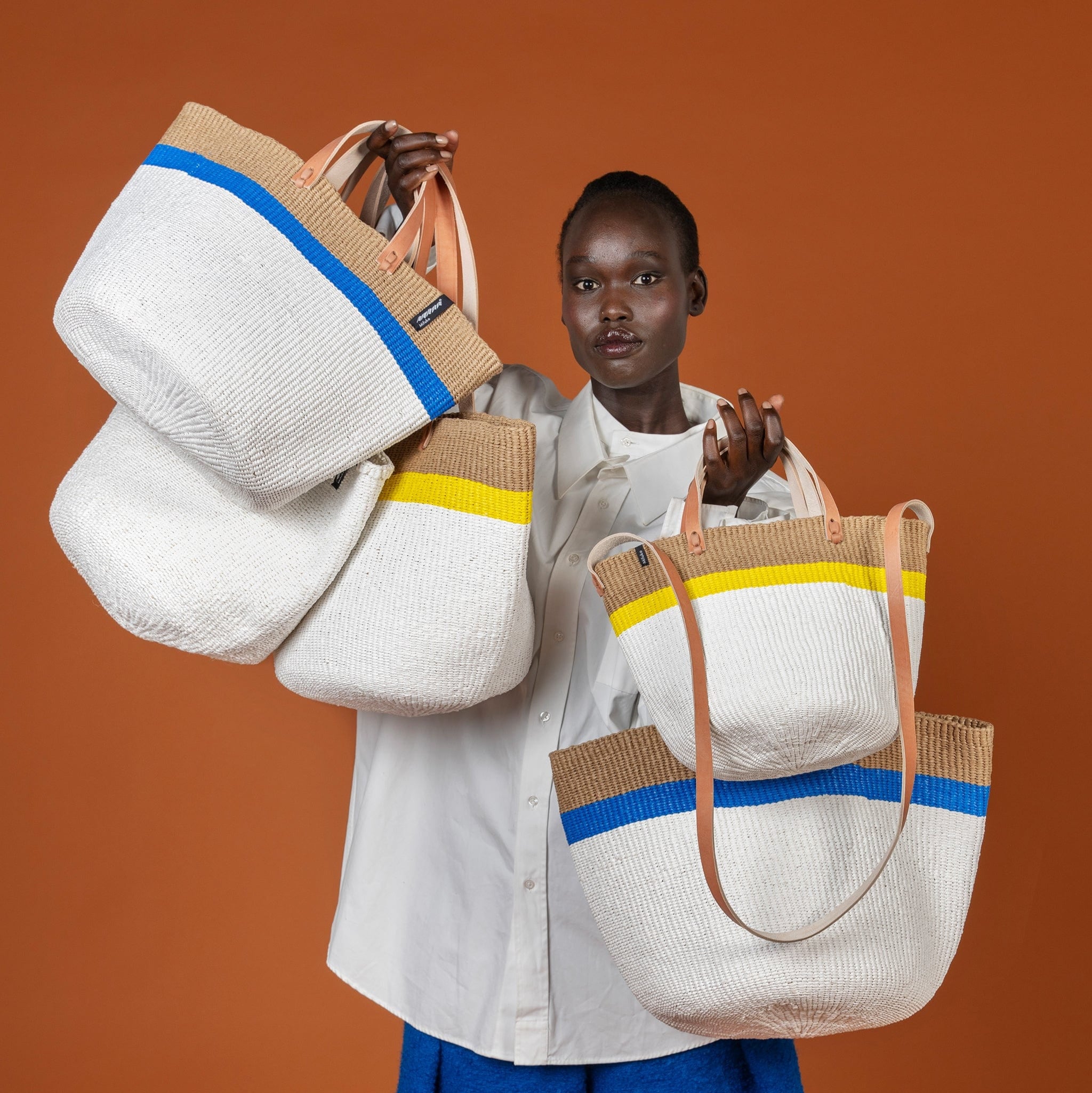 Mifuko Plastic and paper Shopper basket Kiondo shopper basket | Top stripe yellow S handmade fair trade leather handles