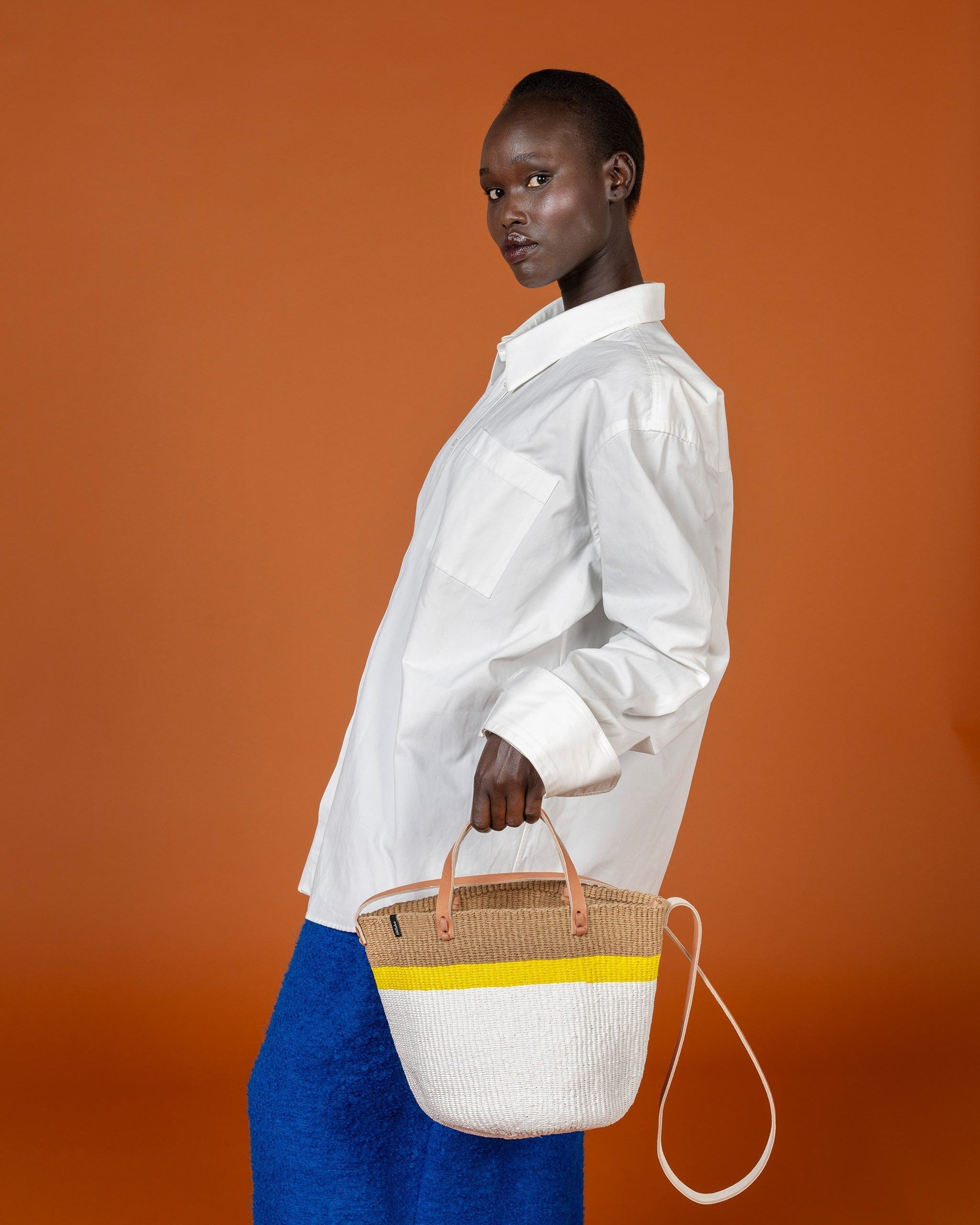 Mifuko Plastic and paper Shopper basket Kiondo shopper basket | Top stripe yellow S handmade fair trade leather handles