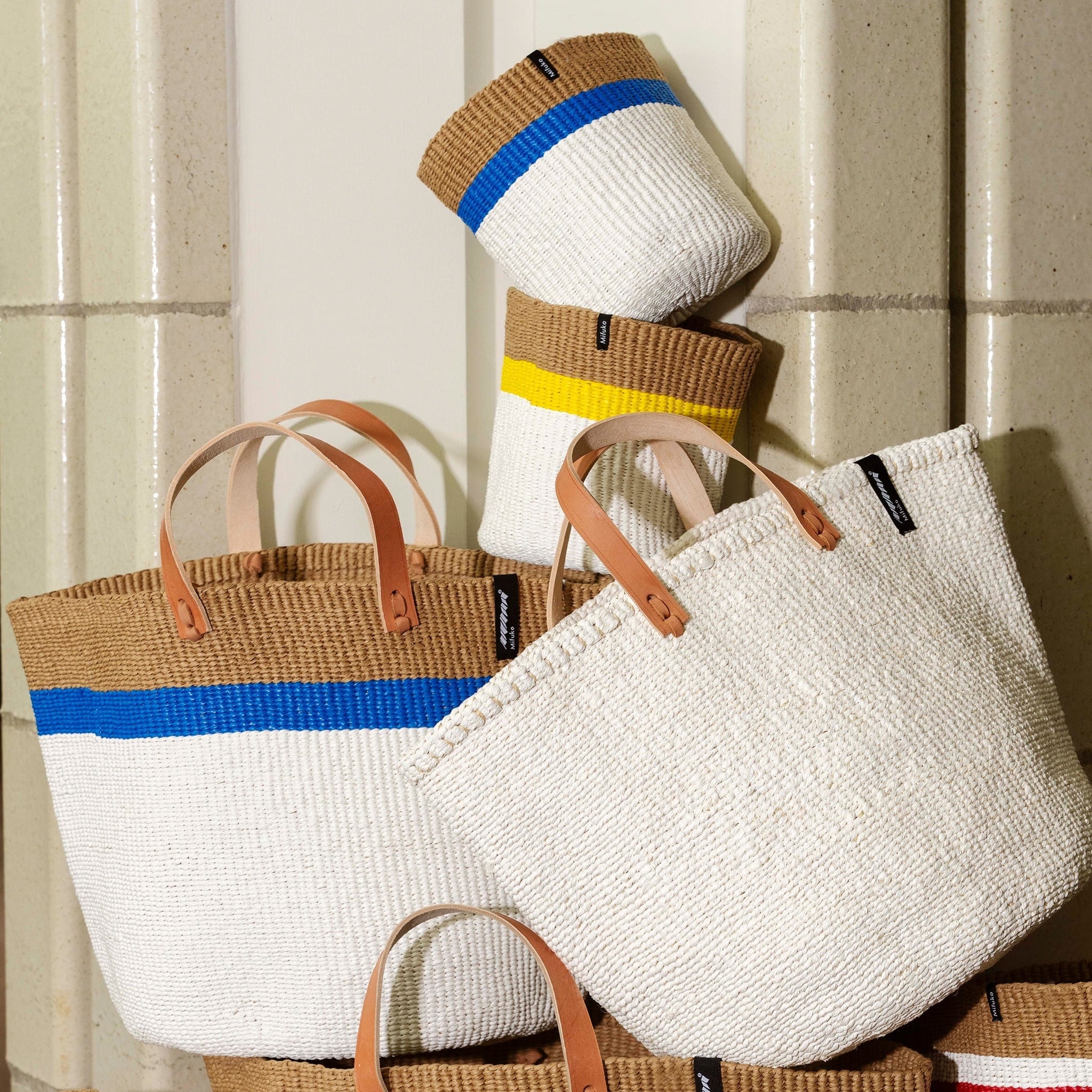 Mifuko Plastic and paper Small basket Kiondo basket | Top stripe blue XS Mifuko handmade fair trade