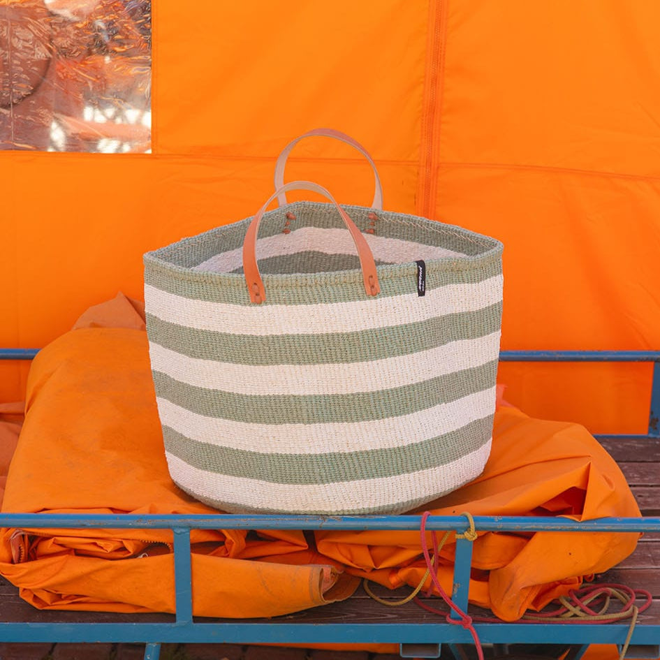 Mifuko Plastic and sisal Large basket with handles Kiondo floor basket | Light green thick stripes with handles XXL