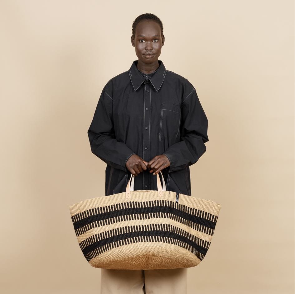 Mifuko Wool and paper Large basket with handle Pamba floor basket | Black rib weave with handles XXL