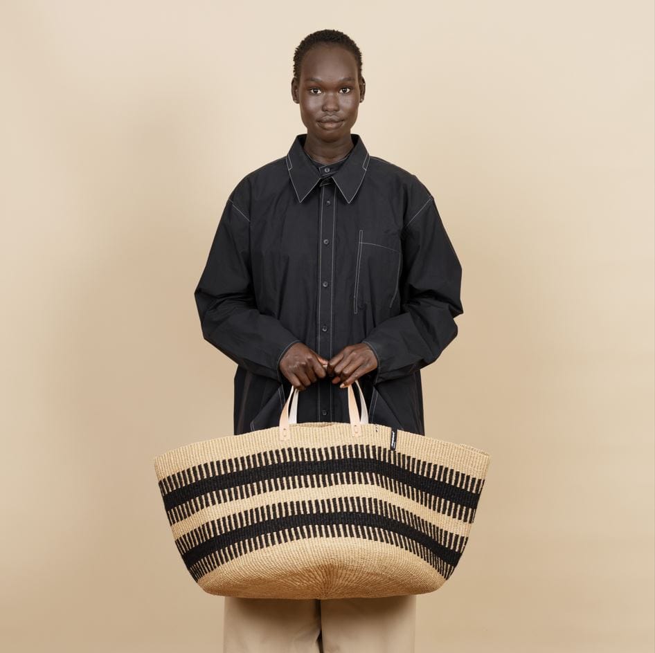 Mifuko Wool and paper Large basket with handle Pamba floor basket | Black rib weave with leather handles XXL handmade fair trade