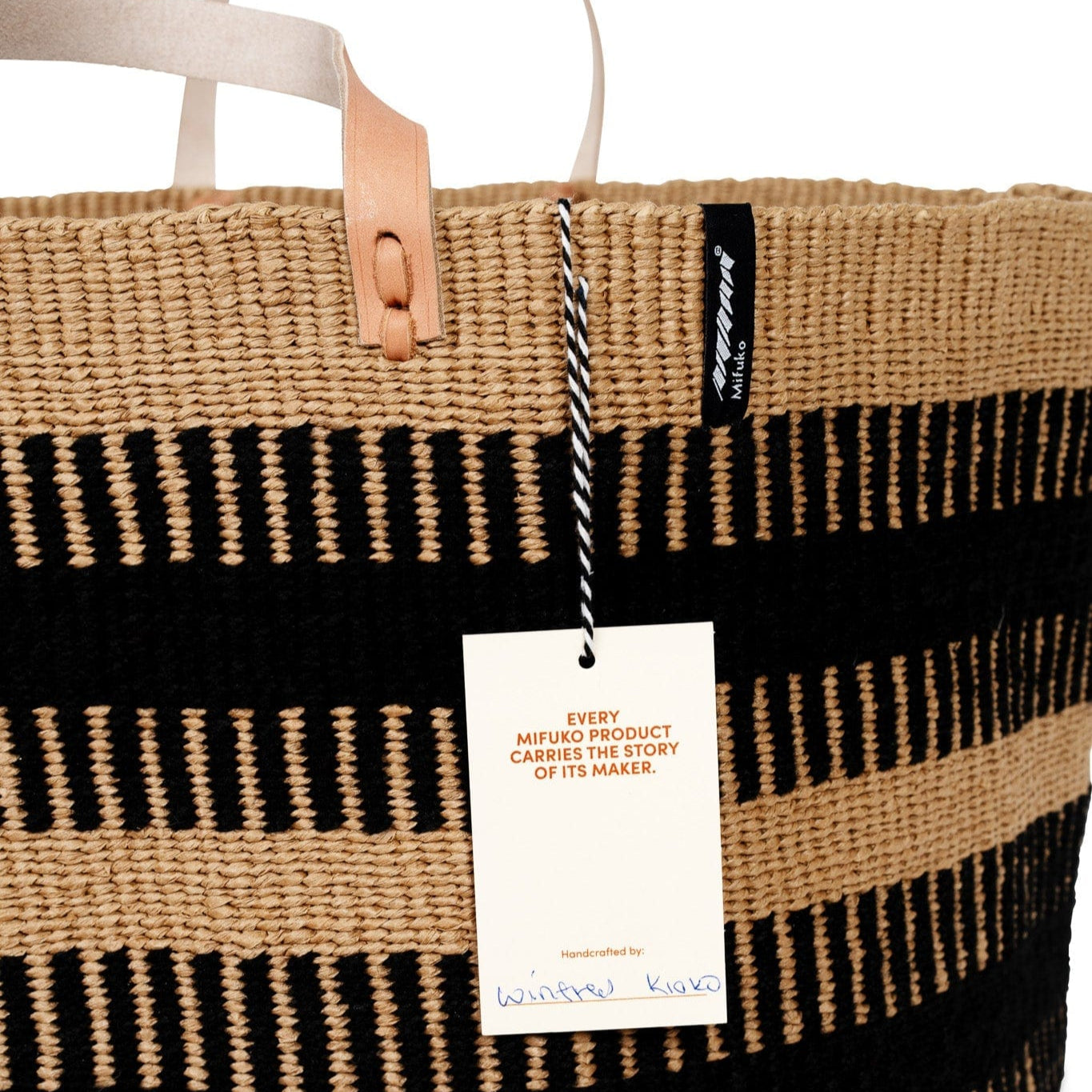 Mifuko Wool and paper Large basket with handle Pamba floor basket | Black rib weave with leather handles XXL handmade fair trade