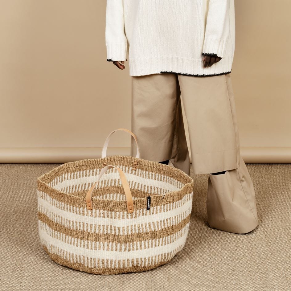 Mifuko Wool and paper Large basket with leather handle XXL Pamba floor basket | White rib weave with Handle XXL handmade fair trade
