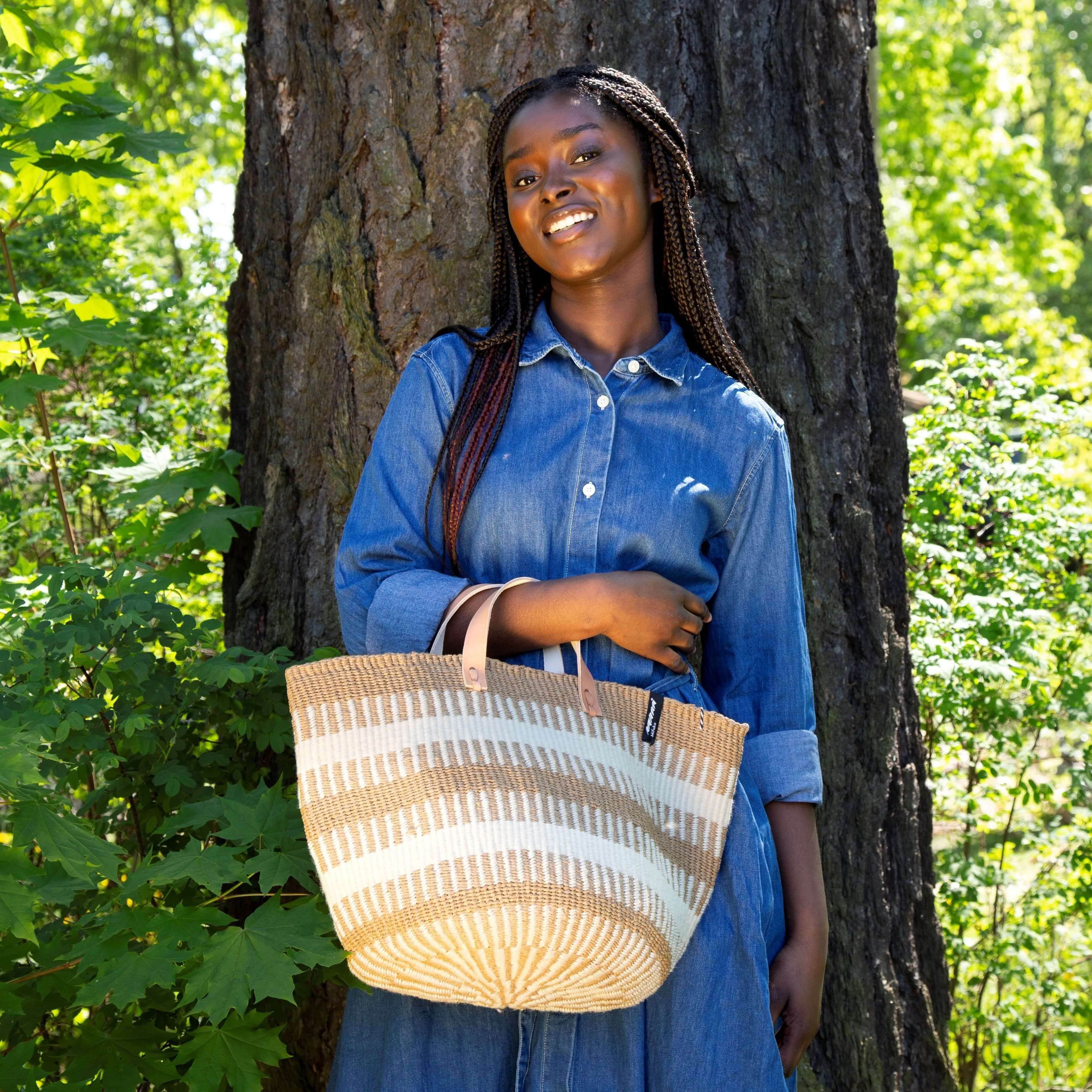 Handmade fair trade  leather handles Mifuko Wool and paper Market basket M Pamba market basket | White rib weave M