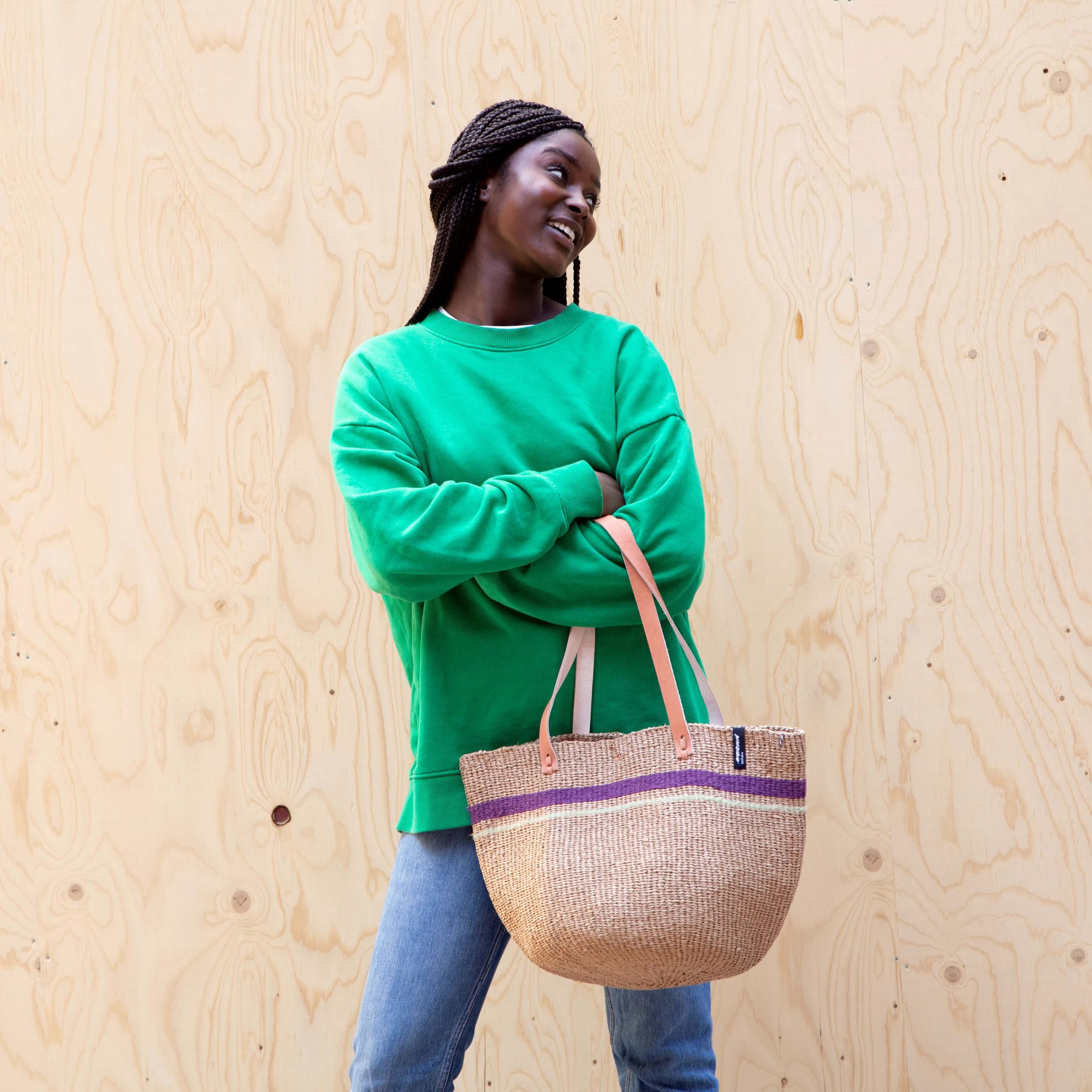Mifuko Wool and paper Shopper basket Pamba shopper basket | Lilac two stripes M