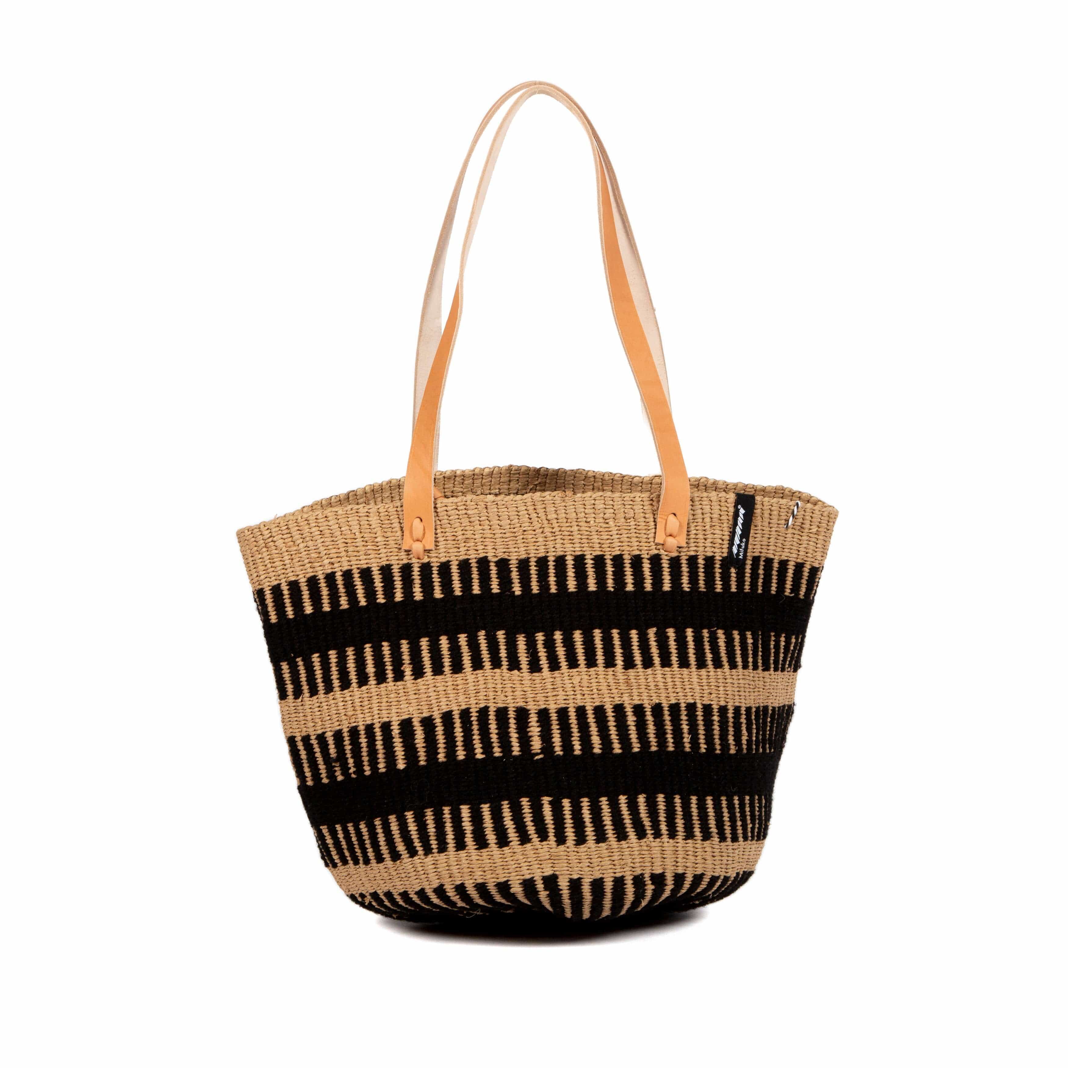 Mifuko Wool and paper Shopper basket Pamba Shopper basket | Black rib weave M leather handles fair trade handmade