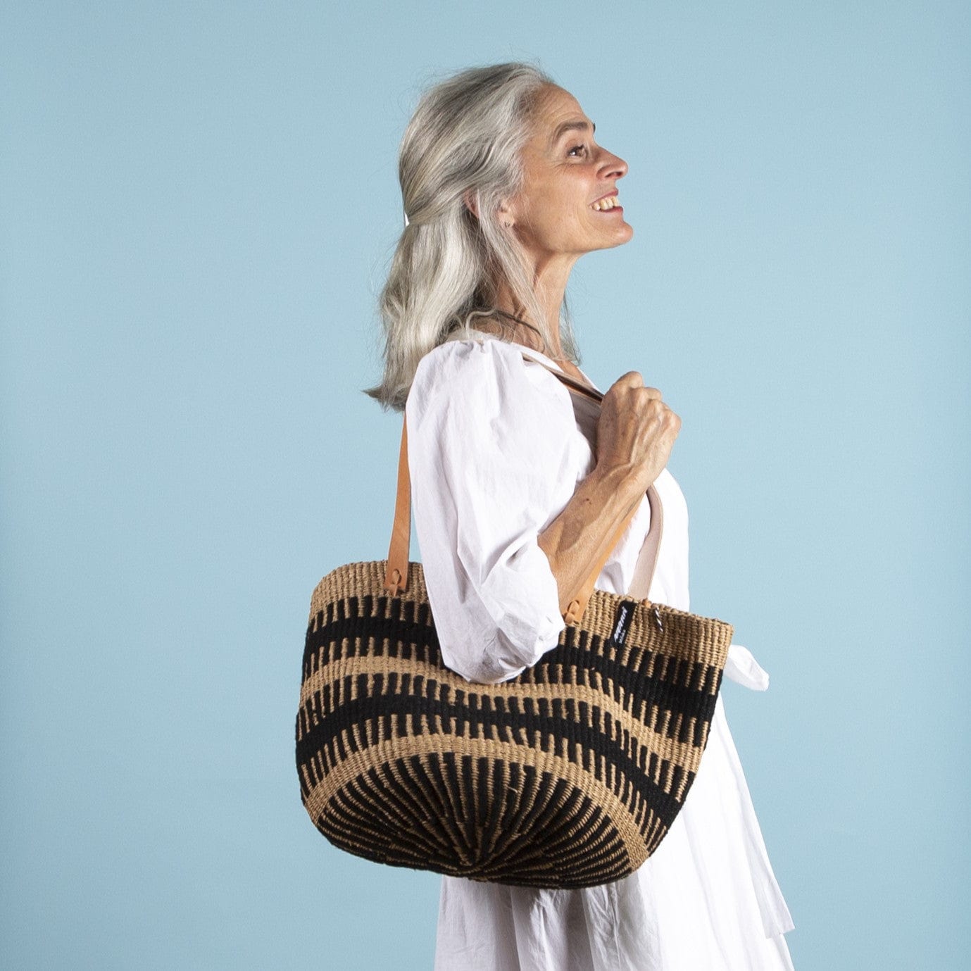 Mifuko Wool and paper Shopper basket Pamba Shopper basket | Black rib weave M leather handles fair trade handmade