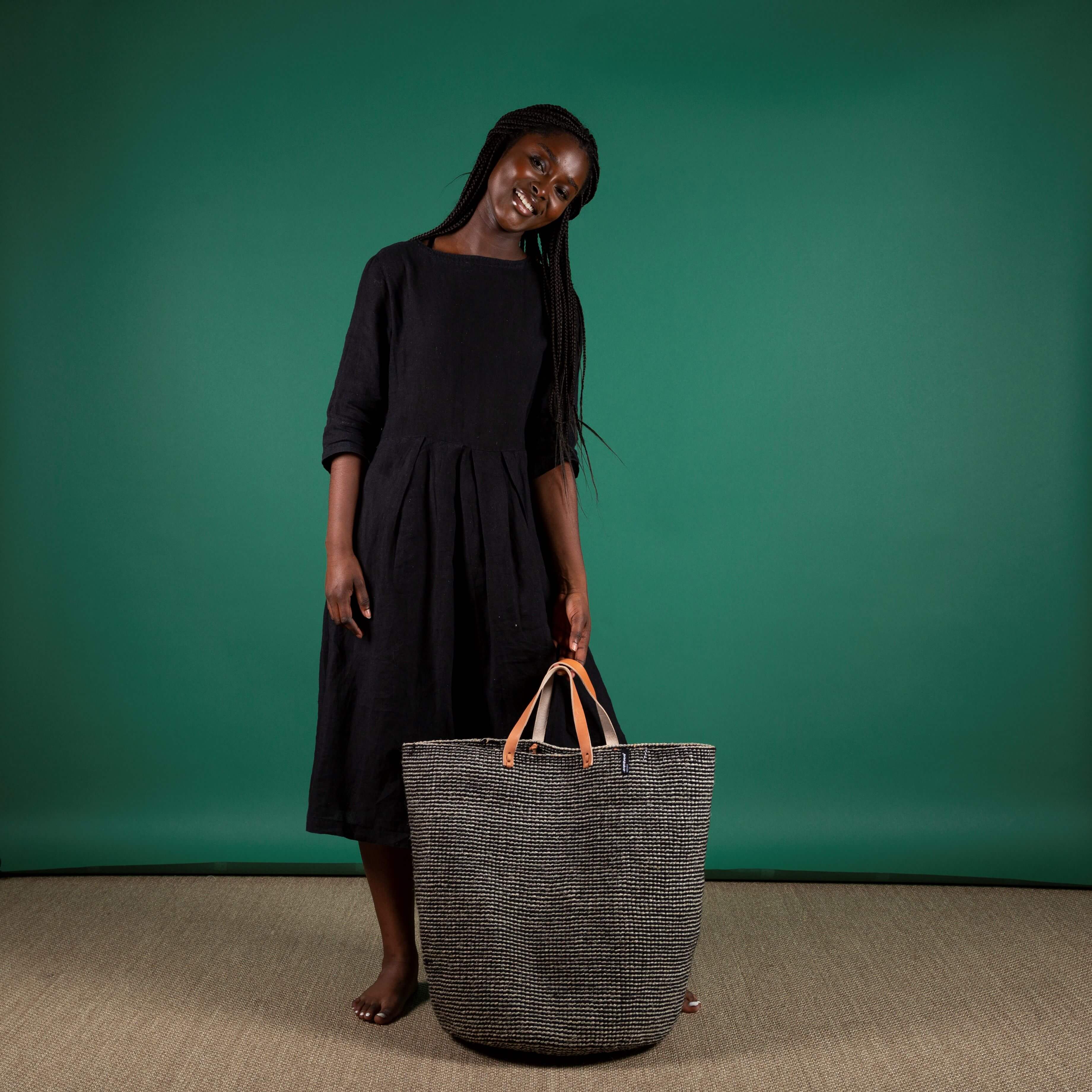 Mifuko Wool, sisal and paper Large basket with handle Pamba floor basket | Grey sisal with leather handles XL handmade fair trade