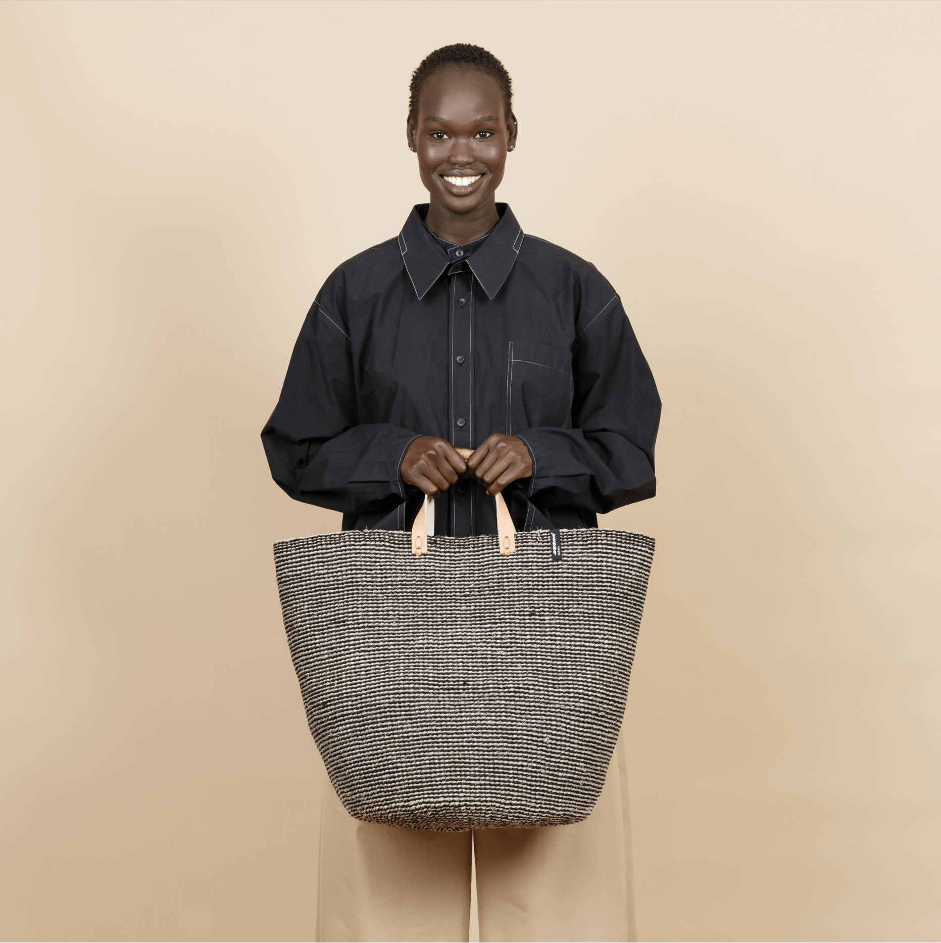 Mifuko Wool, sisal and paper Market basket Pamba market basket | Grey sisal L leather handles fair trade handmade