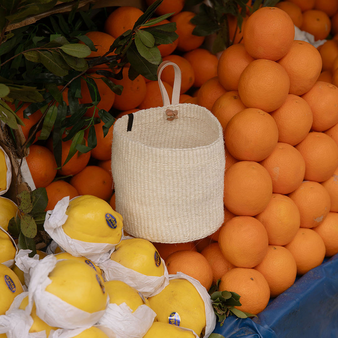 natural sisal basket XS with leather loop handmade fair trade